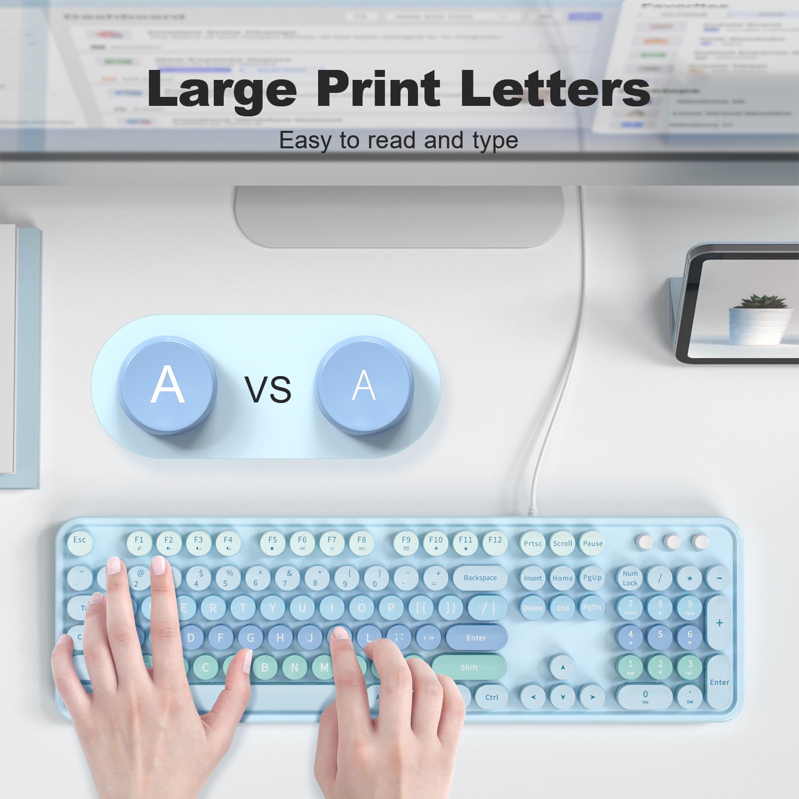 Atelus Large Print Keyboard, Usb Wired Computer Keyboard With Retro Keycaps, Numeric Keypad And Media Hotkey For Office Desktop