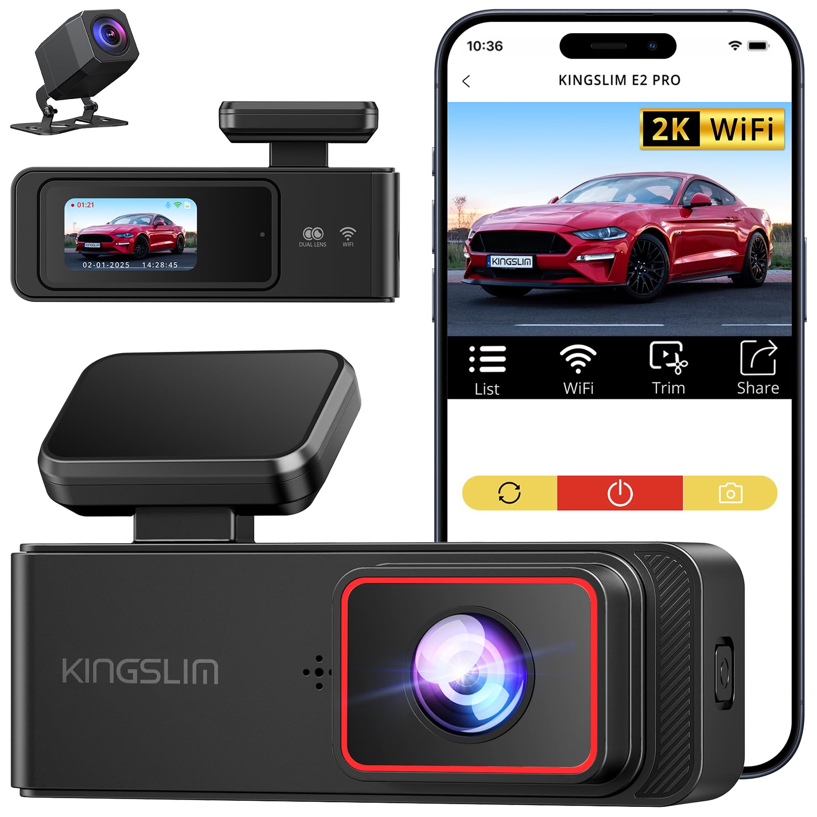 Wireless Dash Cam Front and Rear 2K, WiFi APP Dash Camera for Cars with 1.5 Screen, Mini Dashcam Front and Back Support G-Sens