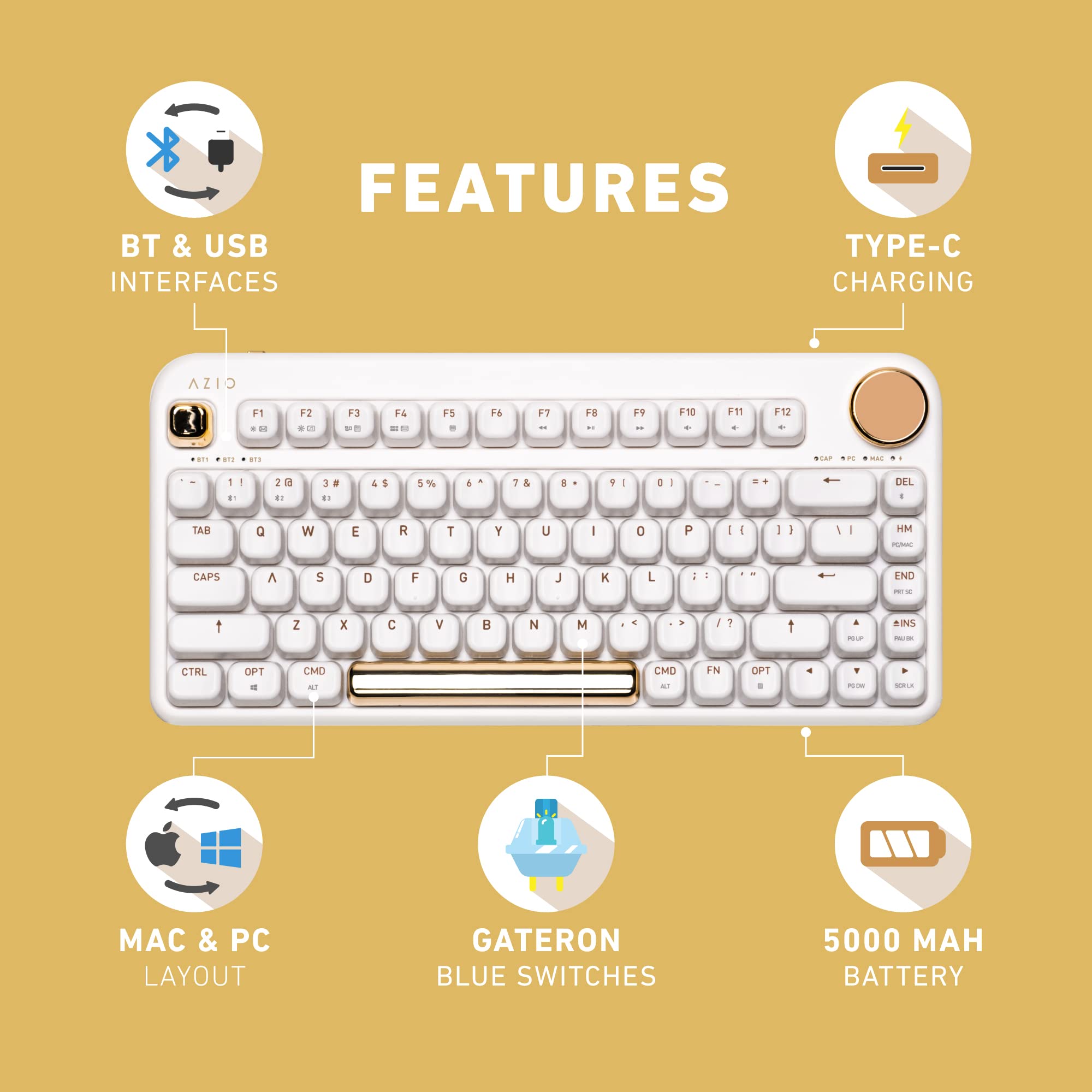 Azio Izo Wireless Bt5/Usb Pc & Mac Mechanical Keyboard, White Blossom