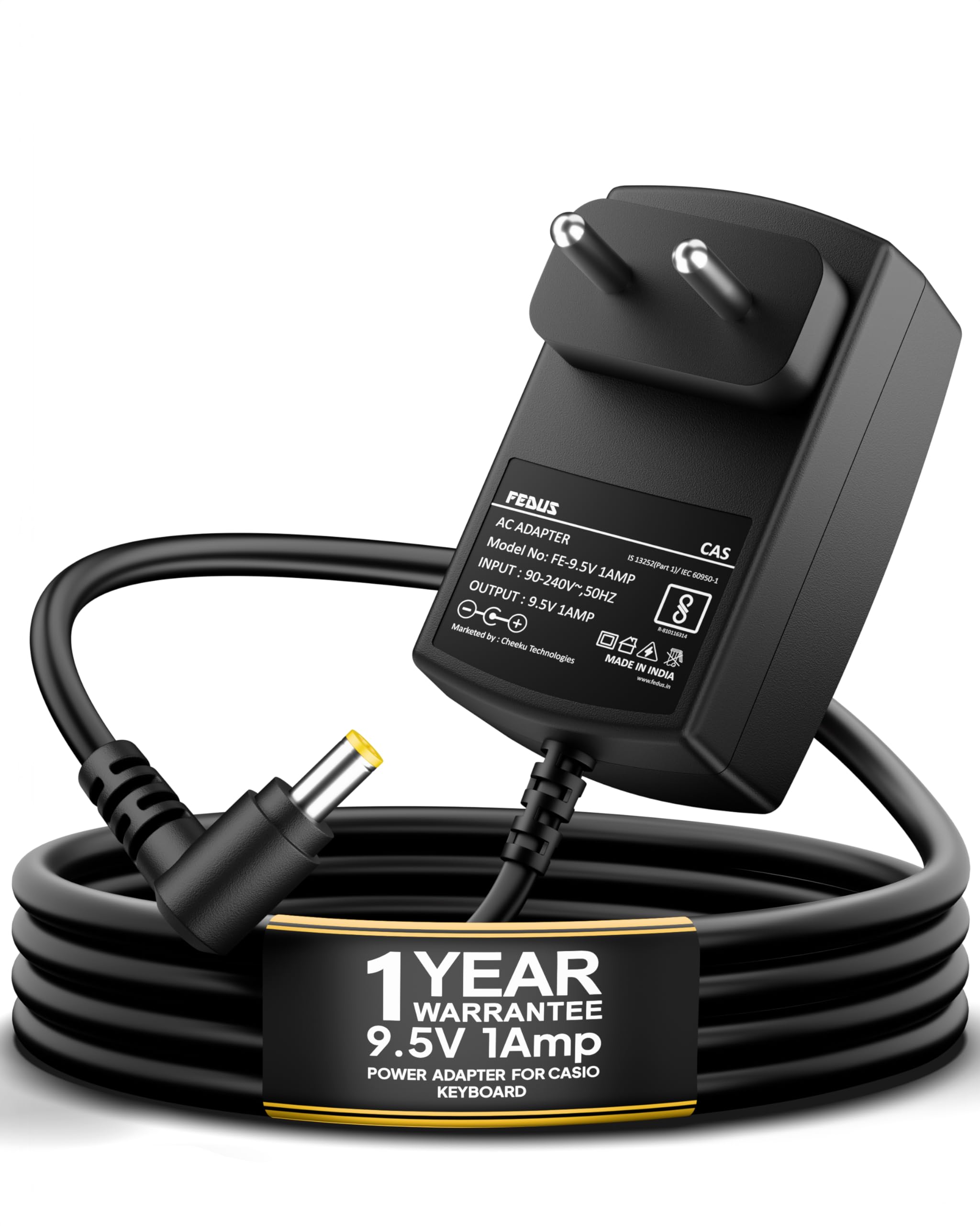 FEDUS ClearTone 9.5V 1A Power Adapter for Casio Piano Electronics Keyboards, Replacement for ADE95100L, Fits SA46, SA47, SA7