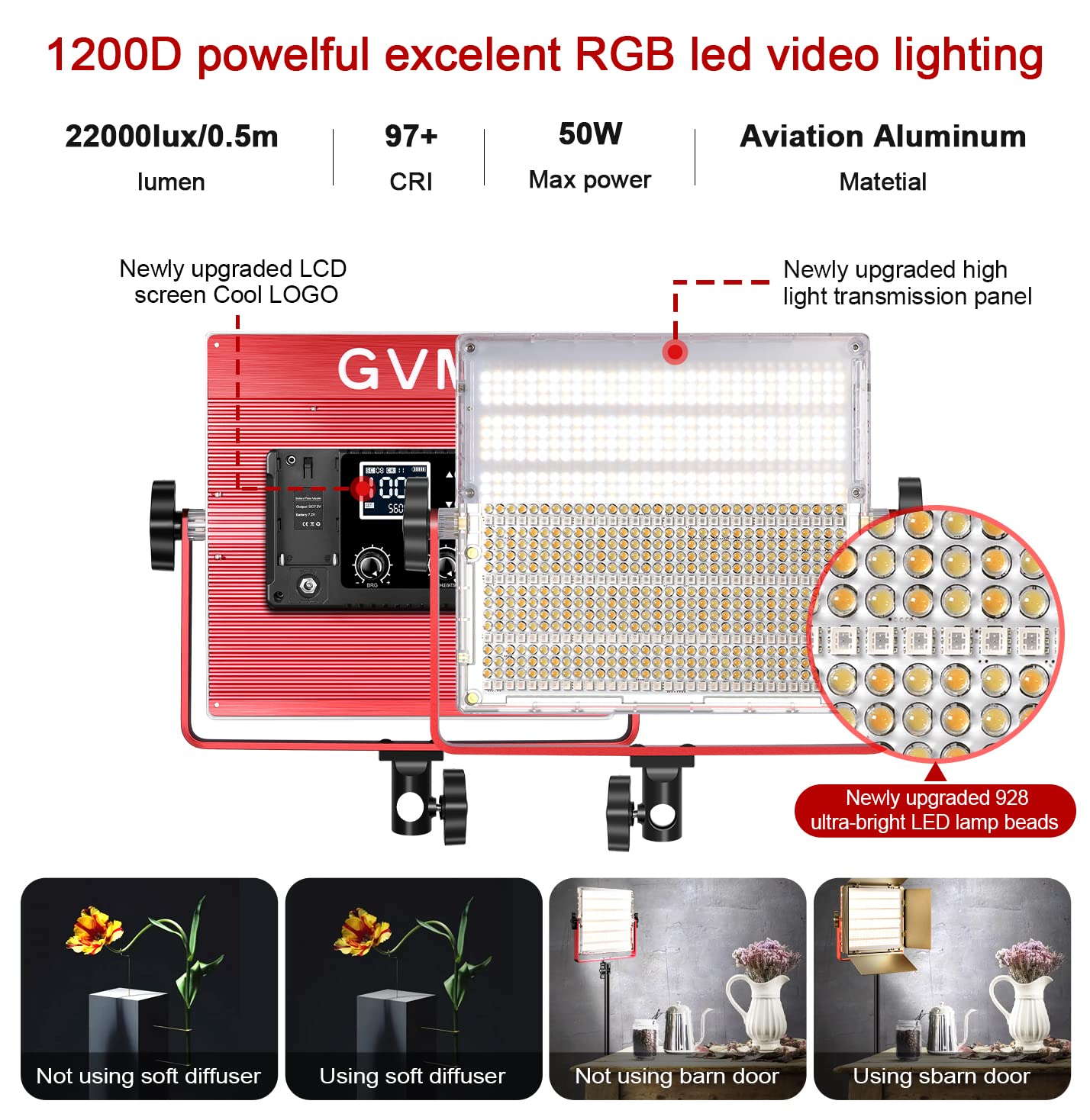 Gvm 1200D Pro Rgb Led Video Light With 3 Softboxes,50W Video Lighting Kit, 360Full Color Led Panel Light Kit With App Control 3