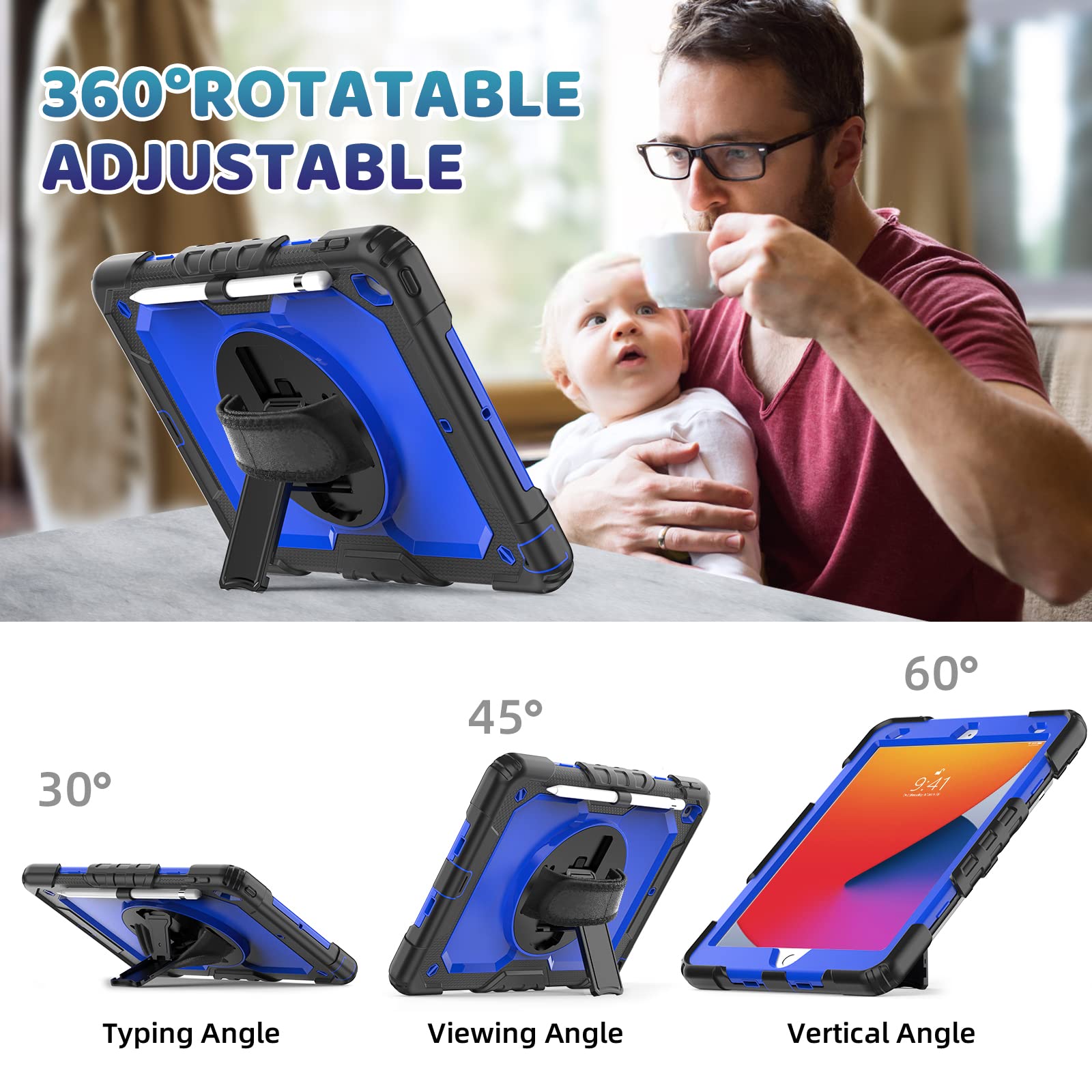 Blosomeet Case For Ipad 8Th 9Th Generation 2020 2021 10.2 Inch With Tempered Glass Screen Protector & Pencil Holder,Rugged Ipad