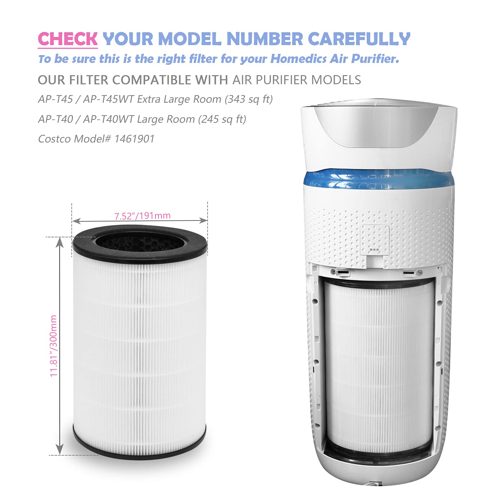 Ulrempart Replacement Hepa Filter Compatible With Homedics Air Purifier Models# Ap T40Fl, Ap T45, Ap T45Wt, Ap T40, Ap T40Wt, Ap