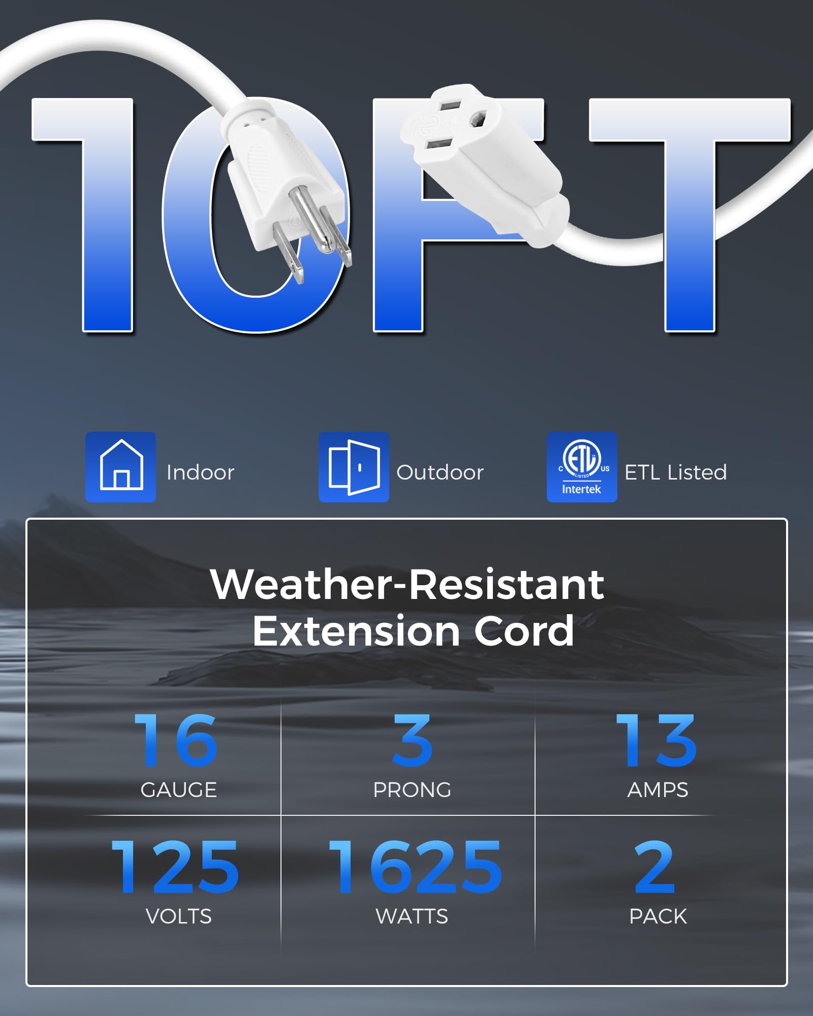 Wilawels 2 Pack Outdoor Extension Cord 10Ft, 16/3 Sjtw Durable Power Cable For Indoor And Outside Use, 3 Prong Grounded Outlets