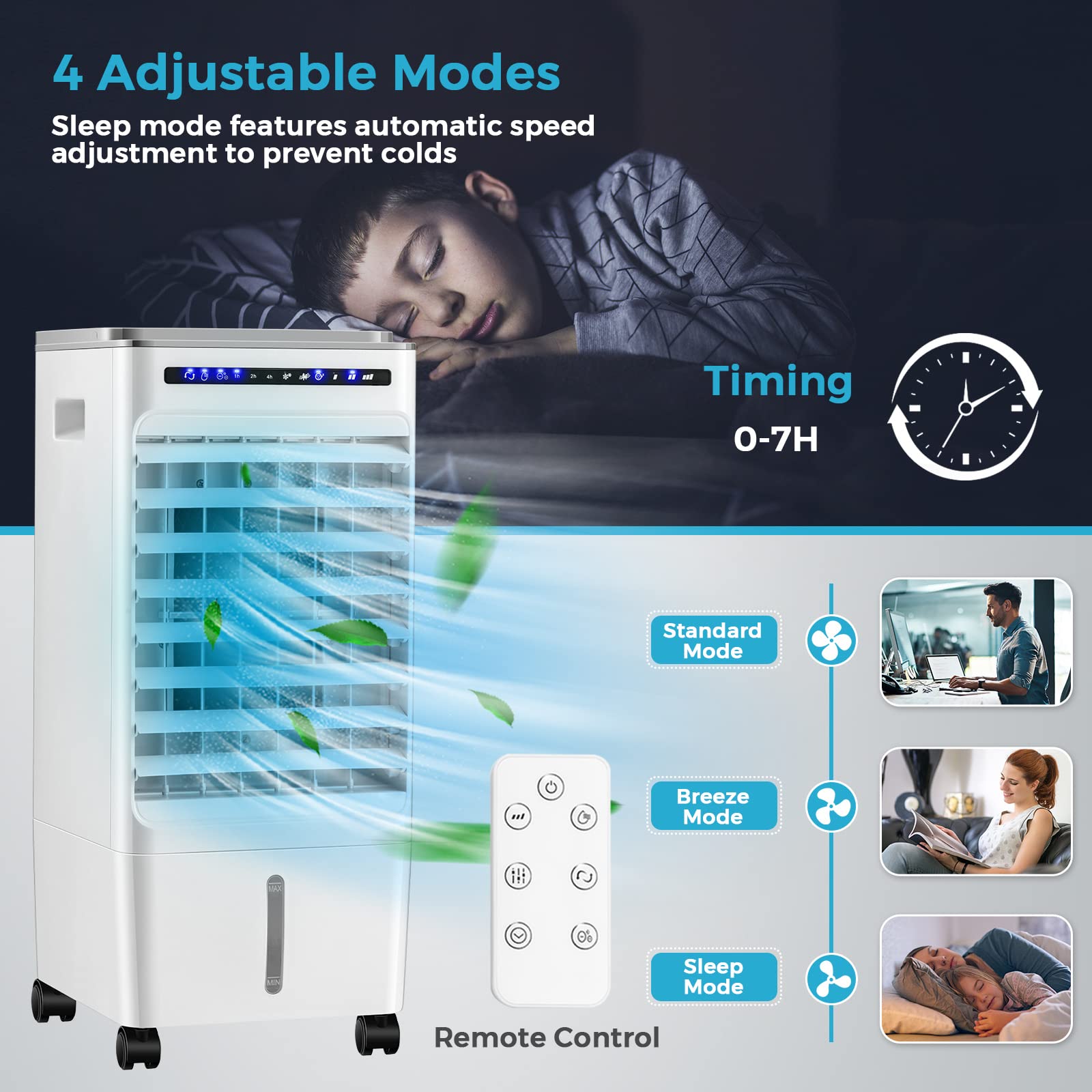 Goflame Evaporative Air Cooler Portable, 3 In 1 Air Cooling Fan With Remote Control And 4 Ice Packs, Air Humidifier With 3 Modes