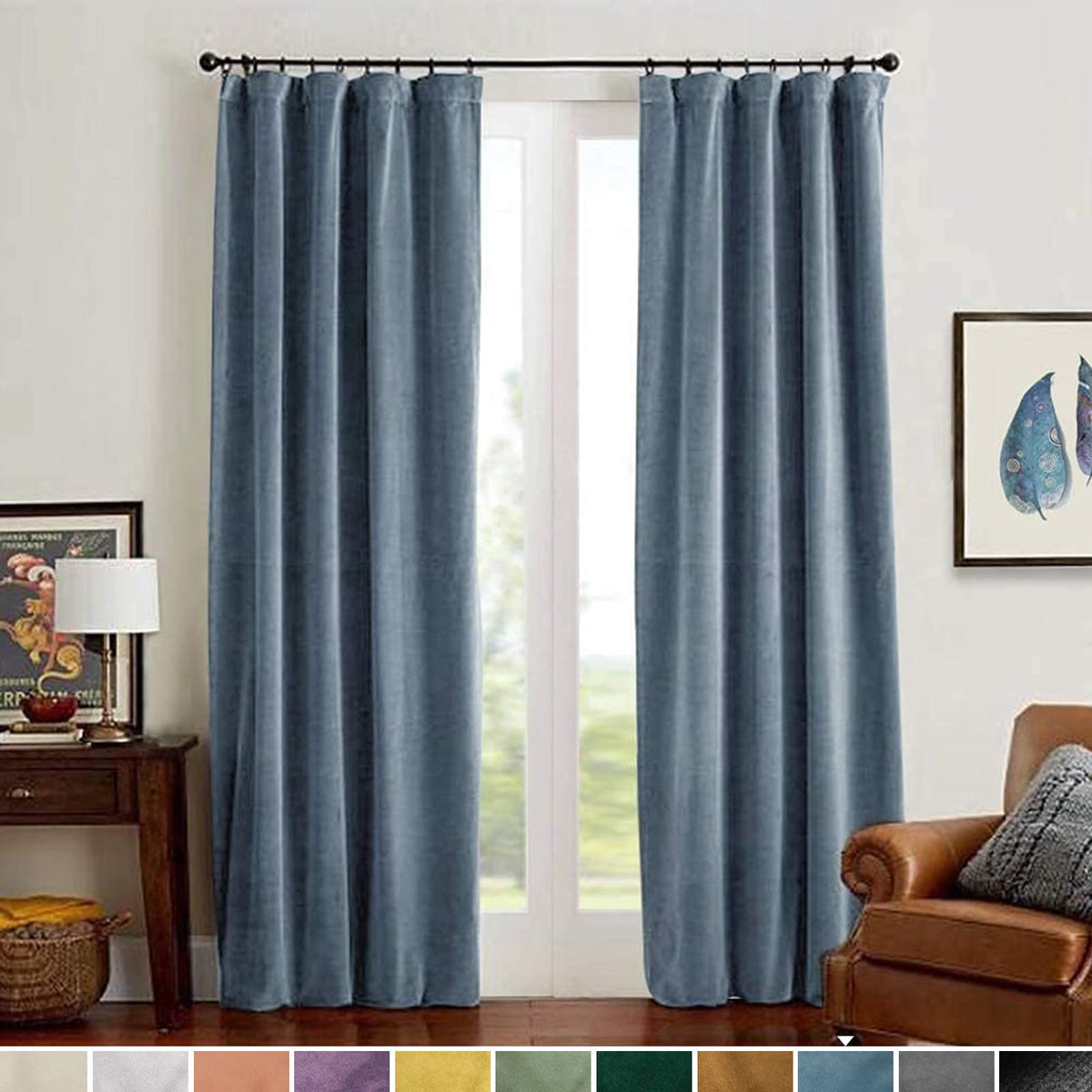 Lazzzy Velvet Blackout Curtains Blue Thermal Insulated Curtains 96 Inch Long Room Darkening Heavy Duty Soft Luxury Velvet Drapes