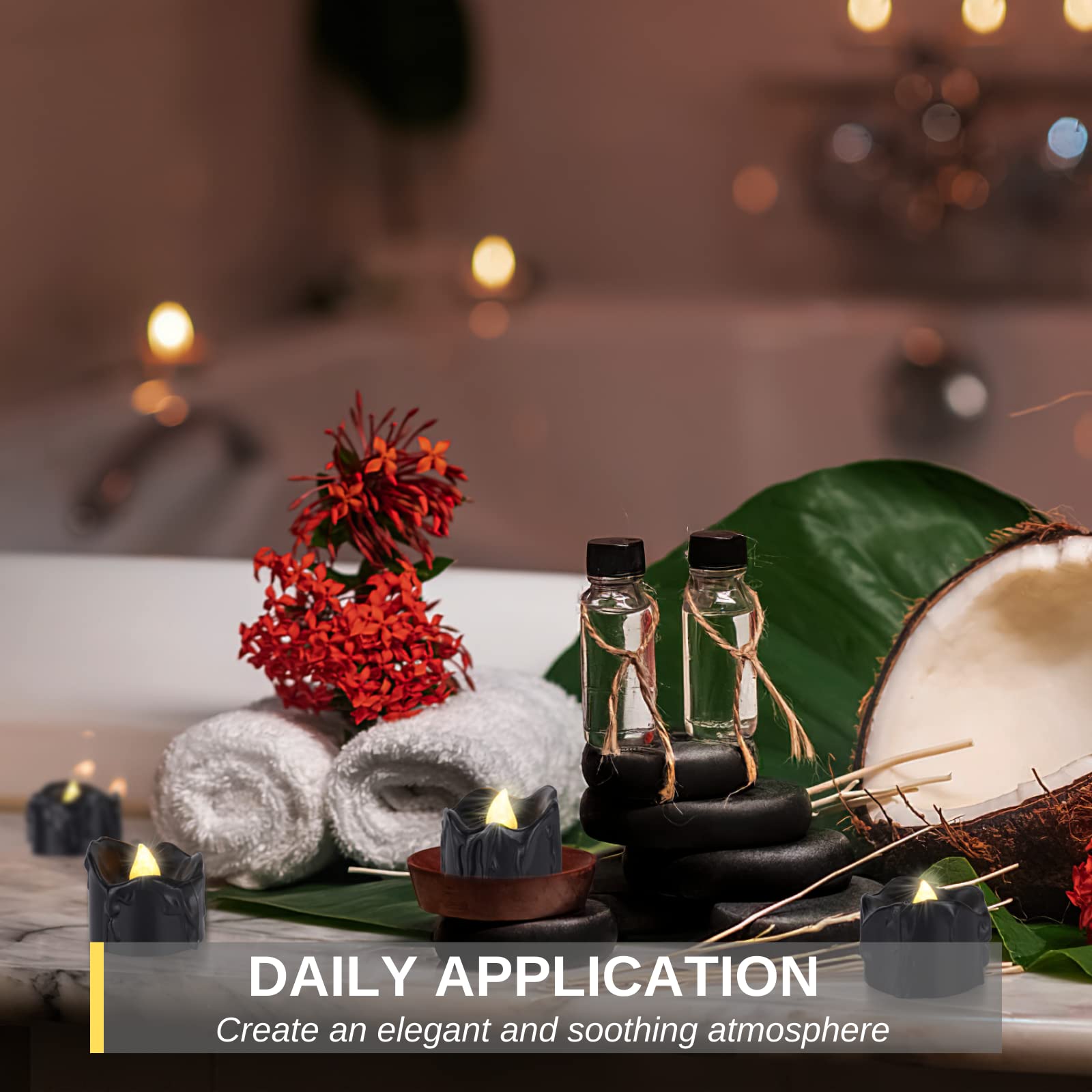 Homemory 24 Pack Melting Black Candles Battery Operated Tea Lights, Halloween Flameless Flickering Candles, Ideal For Holiday De