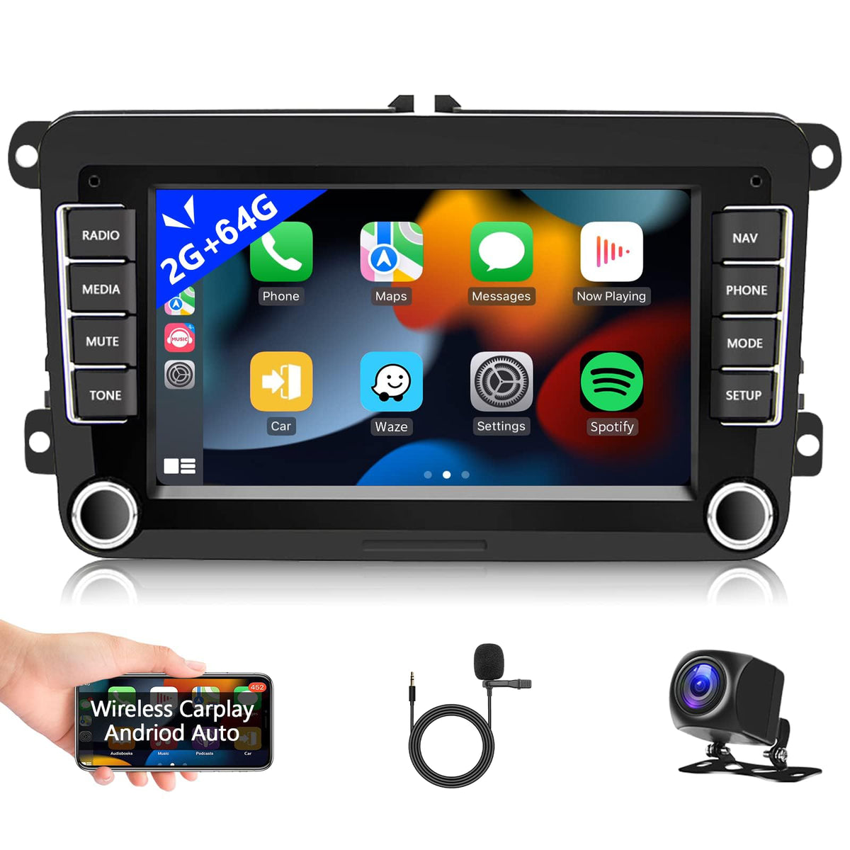 2+64G Android Car Stereo With Wireless Carplay/Android Auto For Vw Jetta Seat Passat Tiguan Cc Golf Skoda 7 Inch Touchscreen Headunit Gps Wifi Bluetooth Fm With Backup Camera For Volkswagen