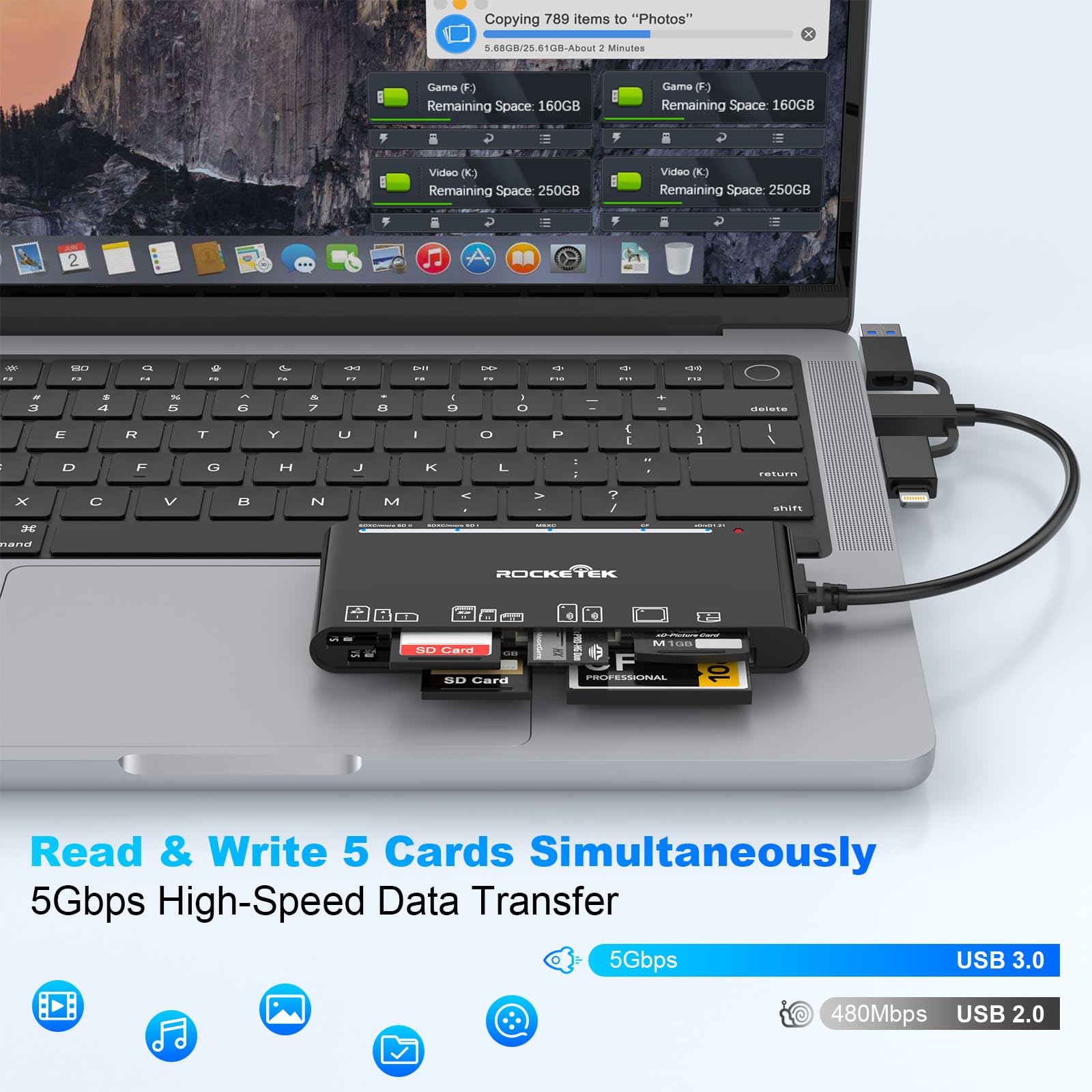 7 In 1 Multi Memory Card Reader Usb C Lightning Usb3.0 Multi Card Reader For Sd Tf Cf Xd Ms,Sd Card Reader Adapter For For Iphone/Ipad/Macbook/Samsung/Pc Plug And Play Simultaneously Read/Write 5Gbps