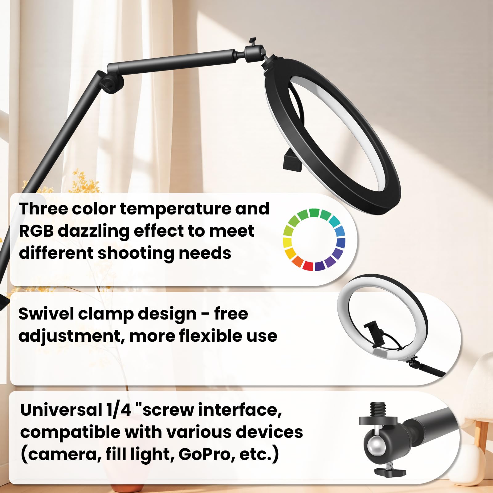 Desk Ring Light With Overhead Camera Mount, 12'' Selfie Rbg Led Lighting With Phone Holder For Video Recording, Tiktok, Streamin