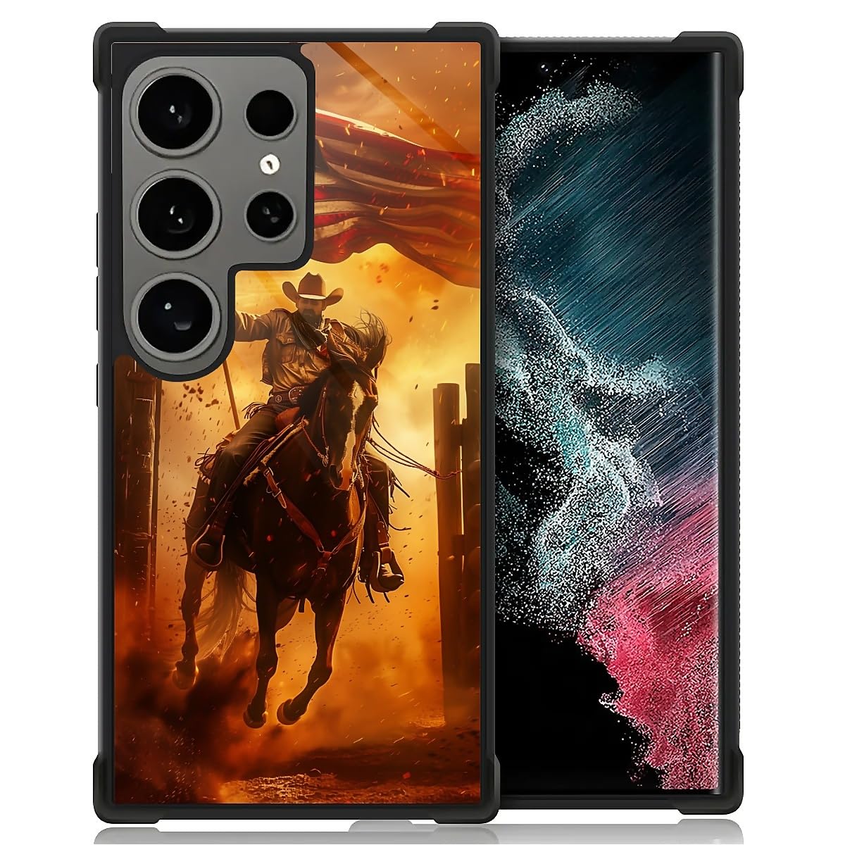 Carloca Compatible With Samsung Galaxy S24 Ultra Case, Horse American Flag Cowboy Pattern For Girl Ultra Protection Shockproof S