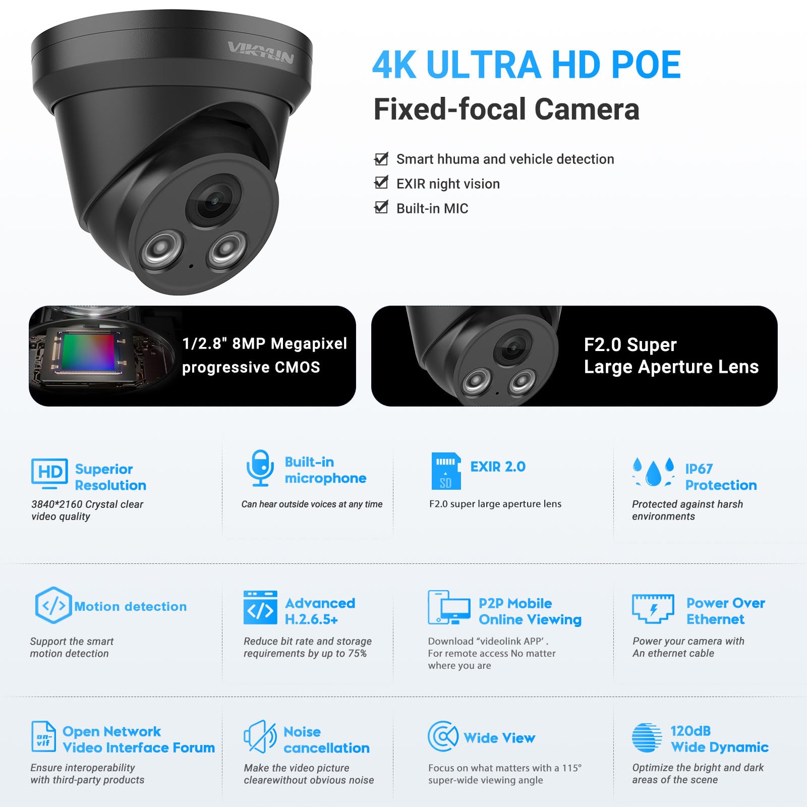 Vikylin 4K 8Mp Ip Poe Ai Camera(Black),Security Ip Turret Camera With 98Ft Exir2.0 Night Vision,Built In Mic,Human/Vehicle Detec