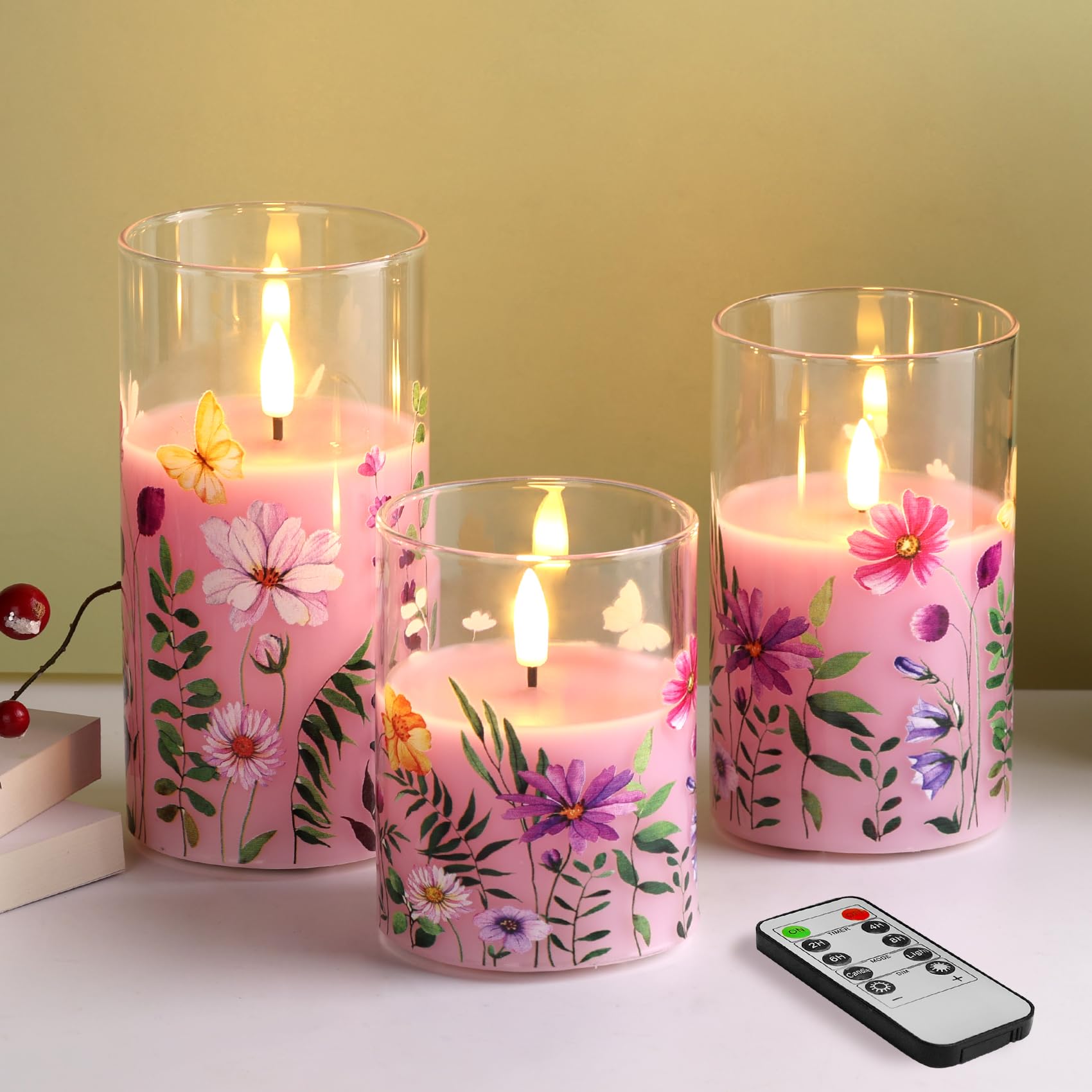 Eywamage Pink Floral Flameless Candles In Glass Jars, Flickering Battery Led Pillar Candles With Remote Set Of 3
