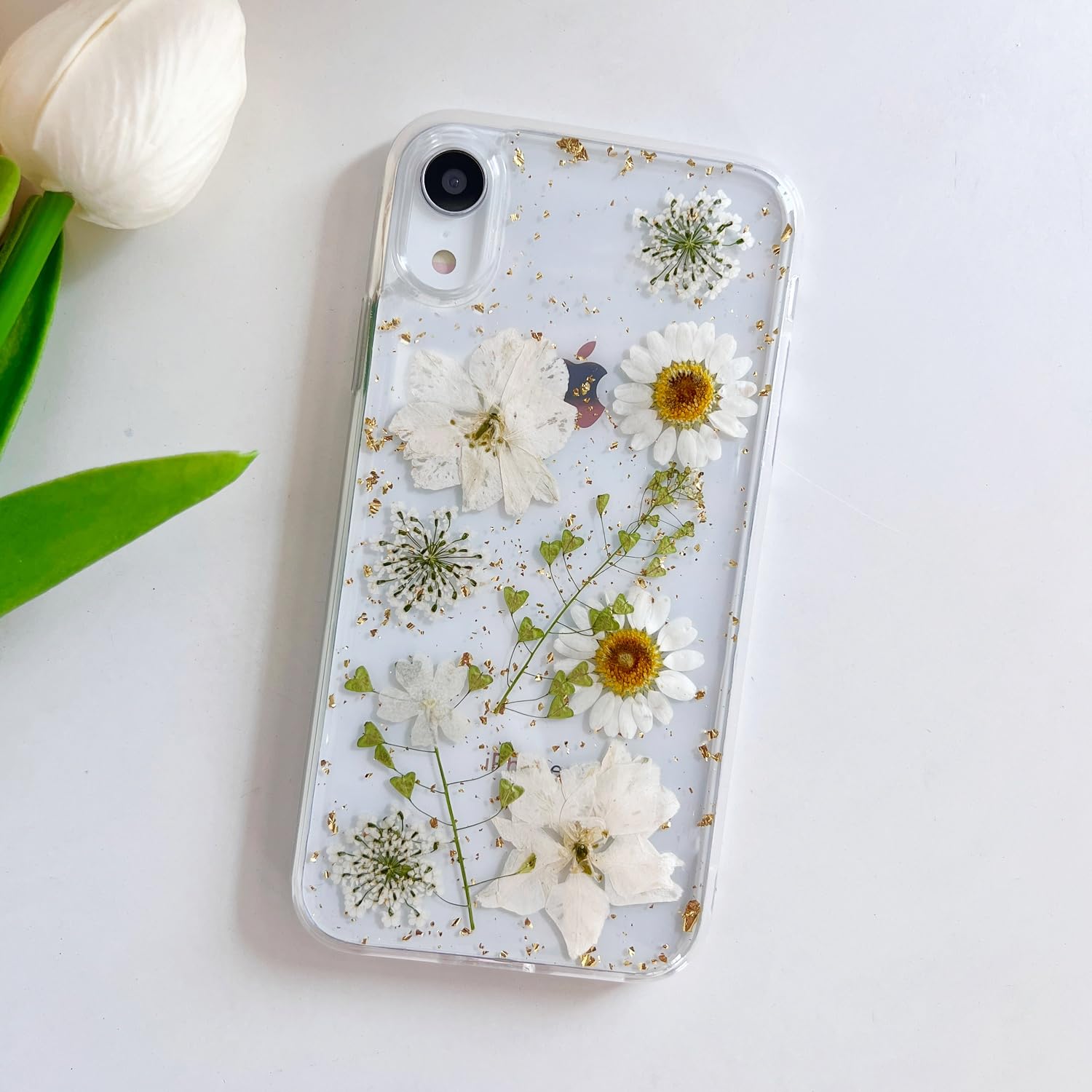 Lseeka For Iphone Xr Clear Case With Pressed Real Flowers Design,Glitter Cute White Floral Pattern Slim Soft Tpu Protective Wome