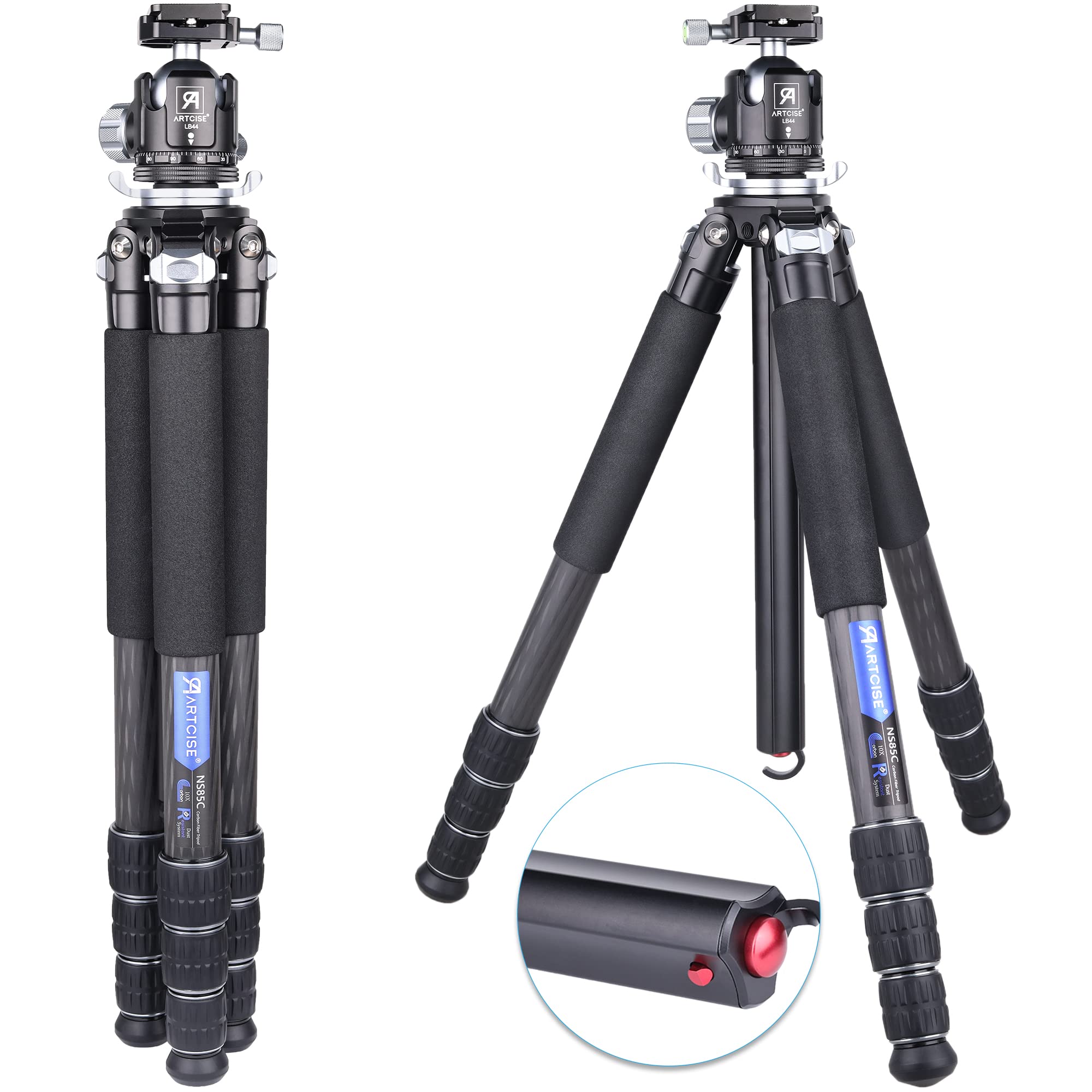 Carbon Fiber Camera Tripod With 44Mm Low Profile Ball Head Artcise Ns85C Professional Compact Tripod,Special Shaped Center Column,10 Layers Carbon Fiber, 32Mm Leg Tube,Max Load 55Lbs/25Kg Black