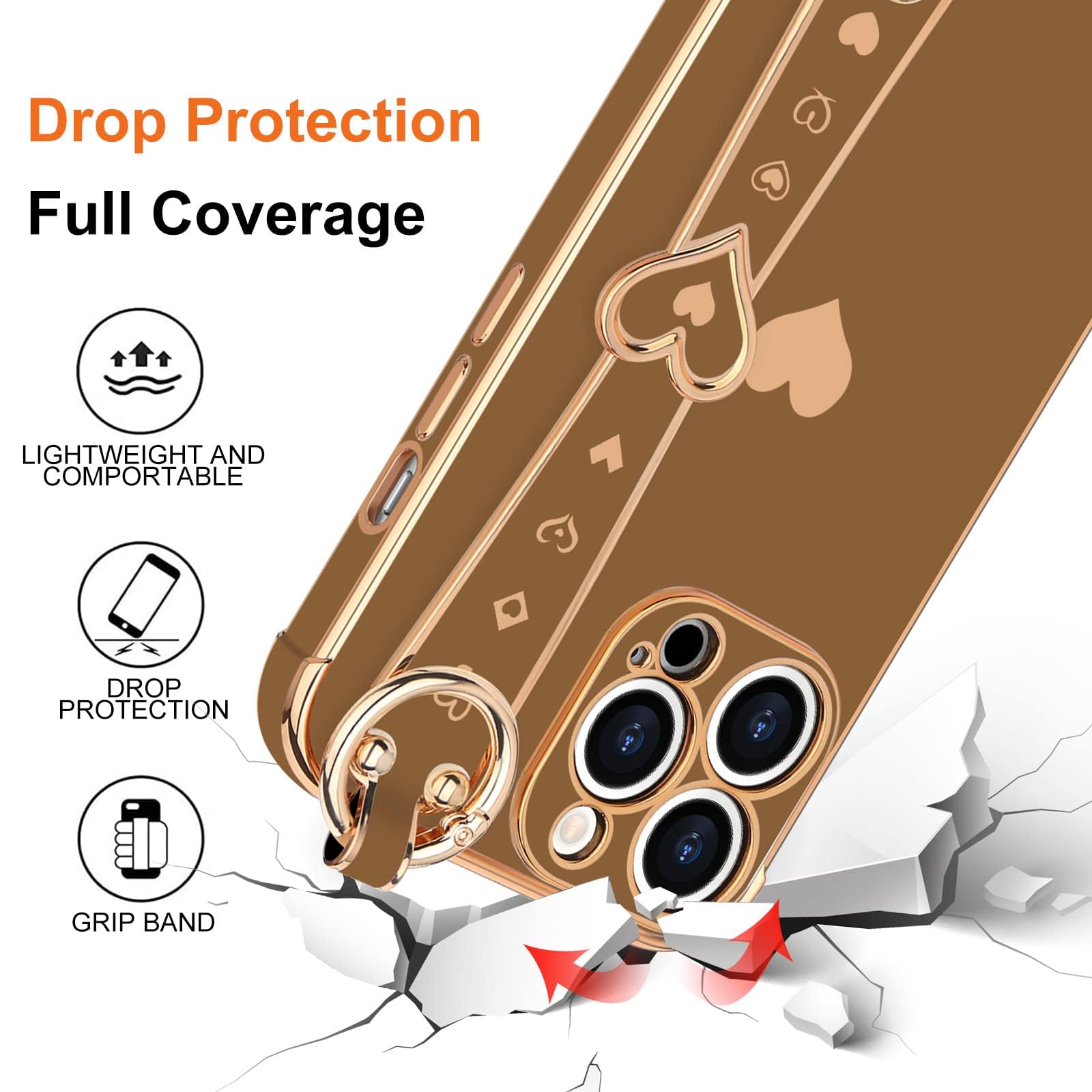 Llz. Coque For Iphone 13 Pro Max Case Cute Love Heart Plating Strap Phone Cover For Women Girlss Bling Silicone Camera Lens Prot