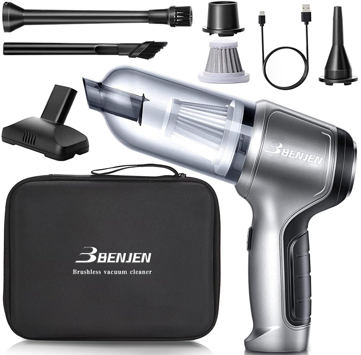 Benjen Mini Car Vacuum Cleaner, 15000Pa High Power, 3 In 1 Handheld Vacuum Cleaner With Brushless Motor, Portable Cordless Vacuu
