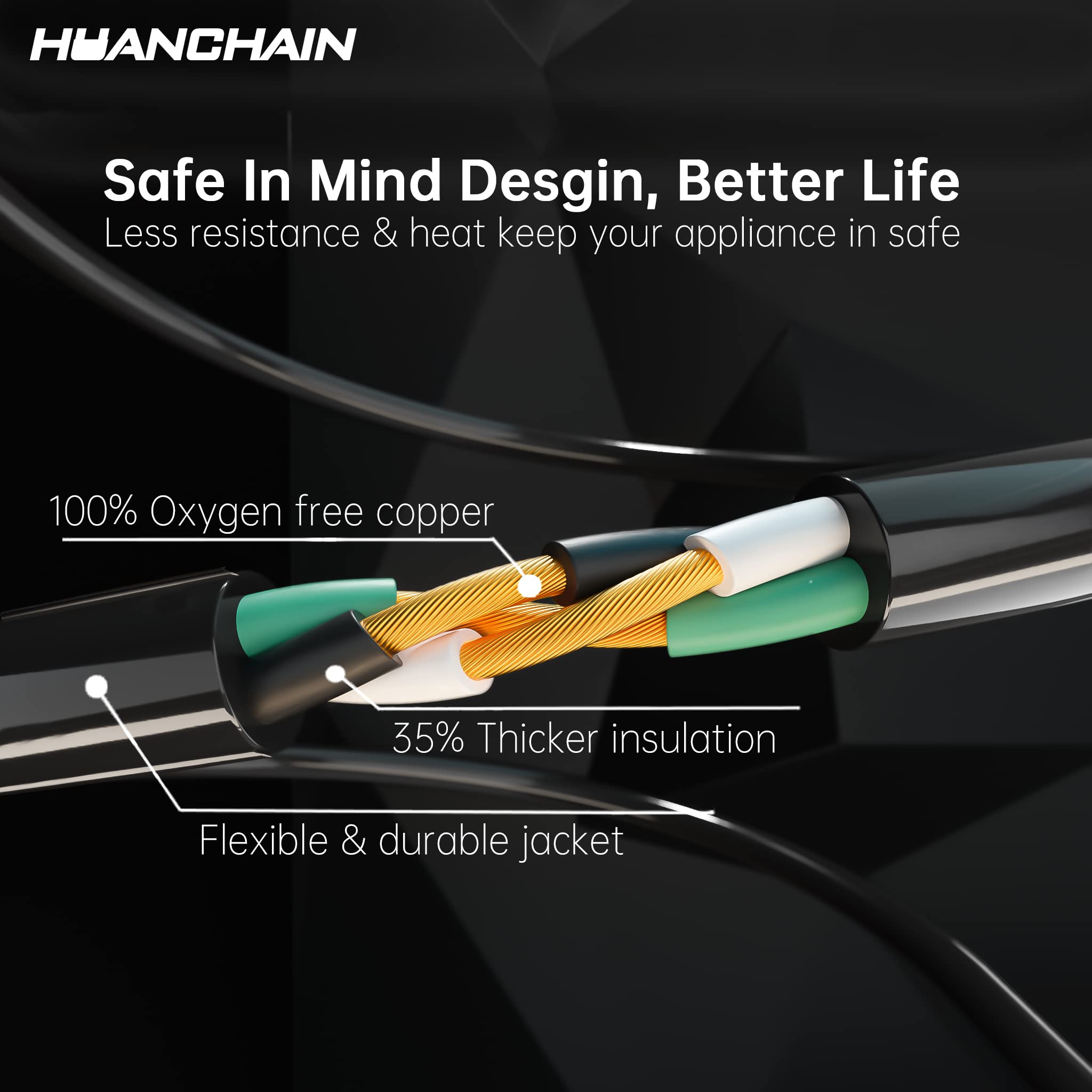 Huanchain Indoor Outdoor Black Extension Cord 25 Ft Waterproof, 16/3 Gauge Flexible Cold-Resistant Appliance Cable Outside, 13A