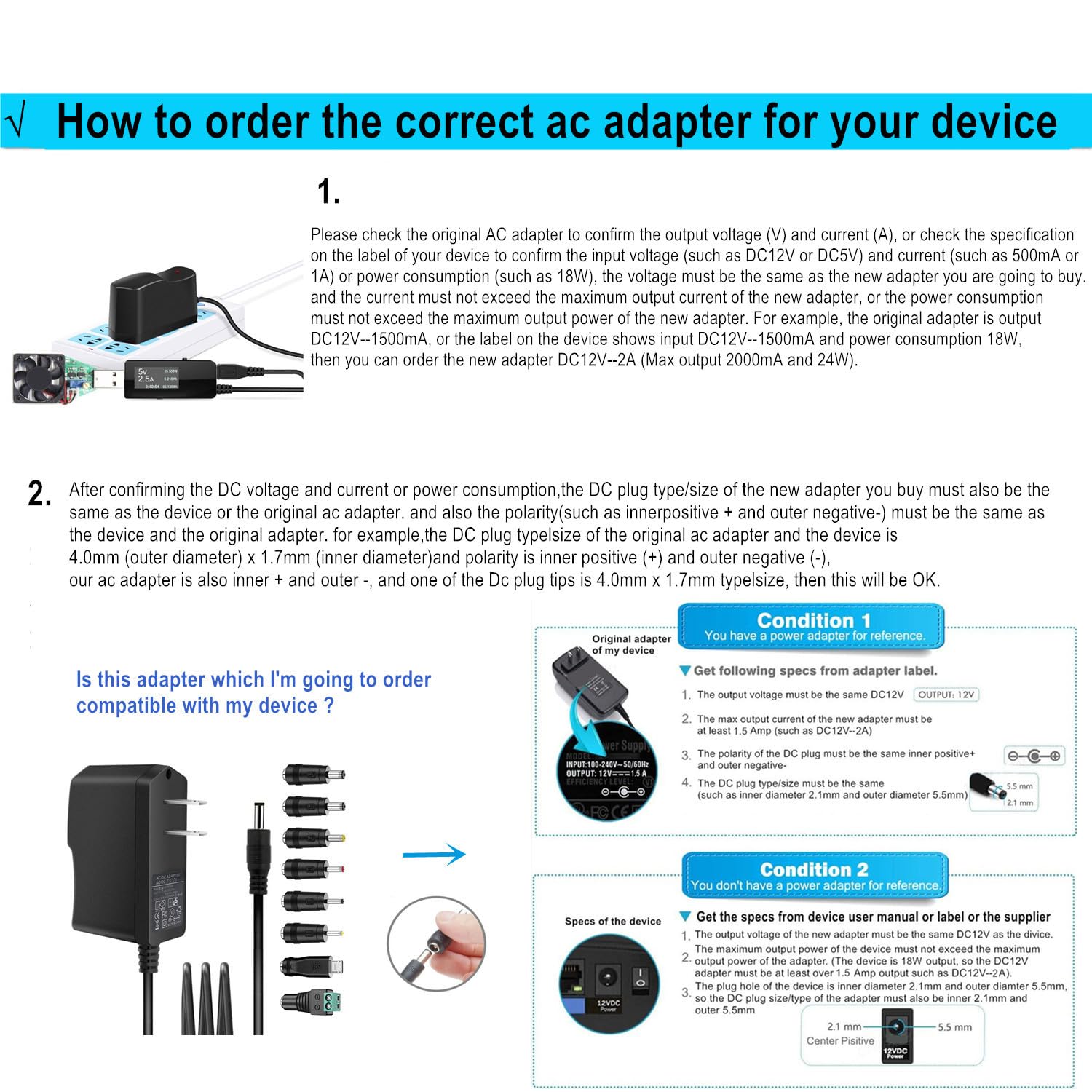 GuanTing Universal 5V 2A AC Adapter Power Supply with 11 DC Plug Tips, Model 51w, Acrylonitrile Butadiene Styrene, DC5V
