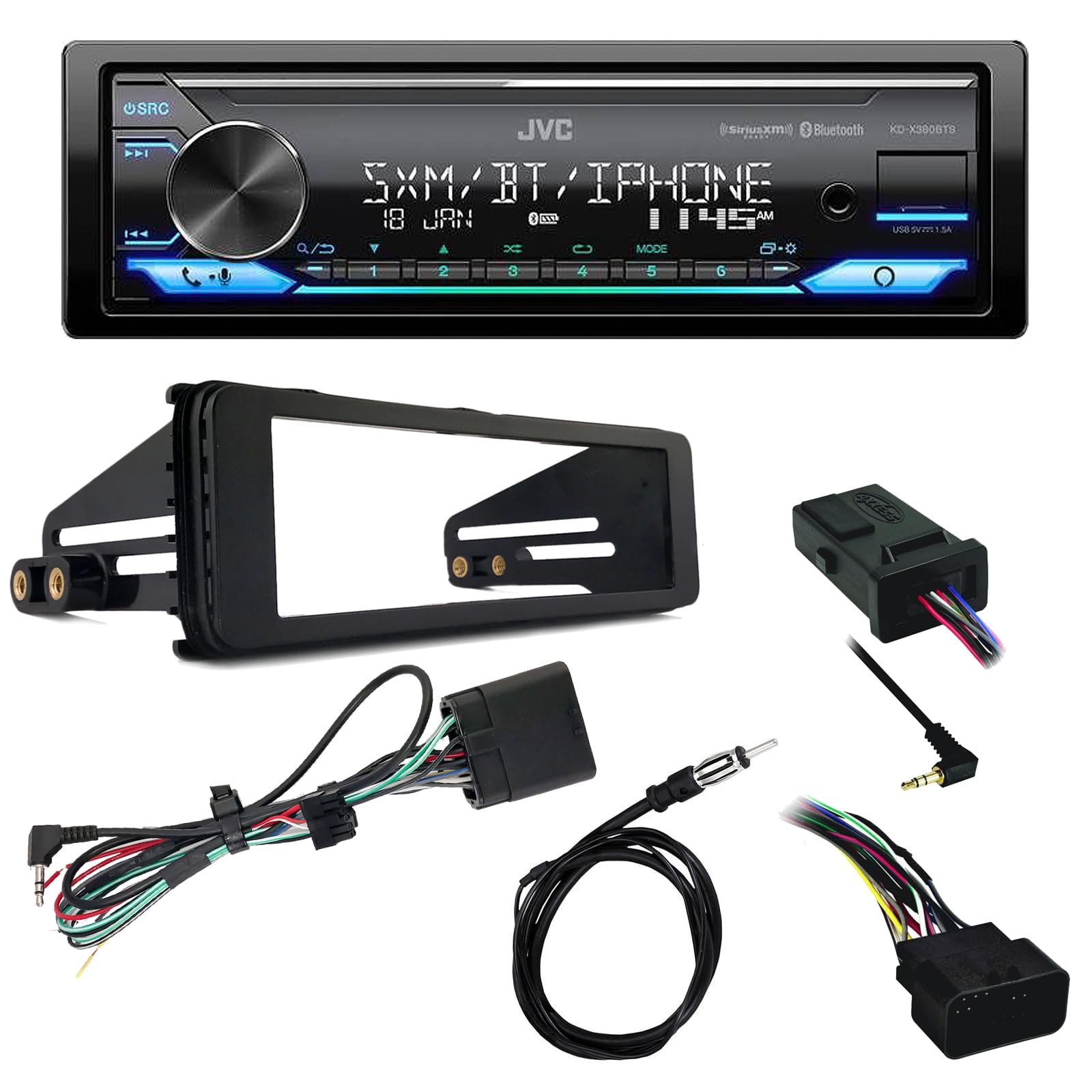 Jvc Single Din Bluetooth Usb Aux Am/Fm Led Stereo Receiver Bundle Combo With Stereo Install Kit, Handle Bar Control Interface, 2