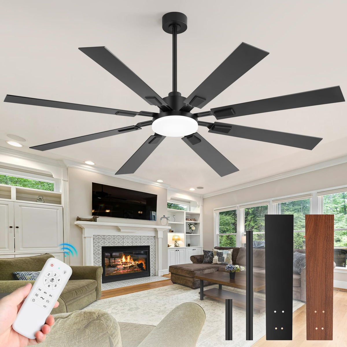 Zyd Ceiling Fans With Lights, 72 Inch Large Industrial Led Ceiling Fan With Light, Industrial Fan 8 Dual Finish Blades With Remo