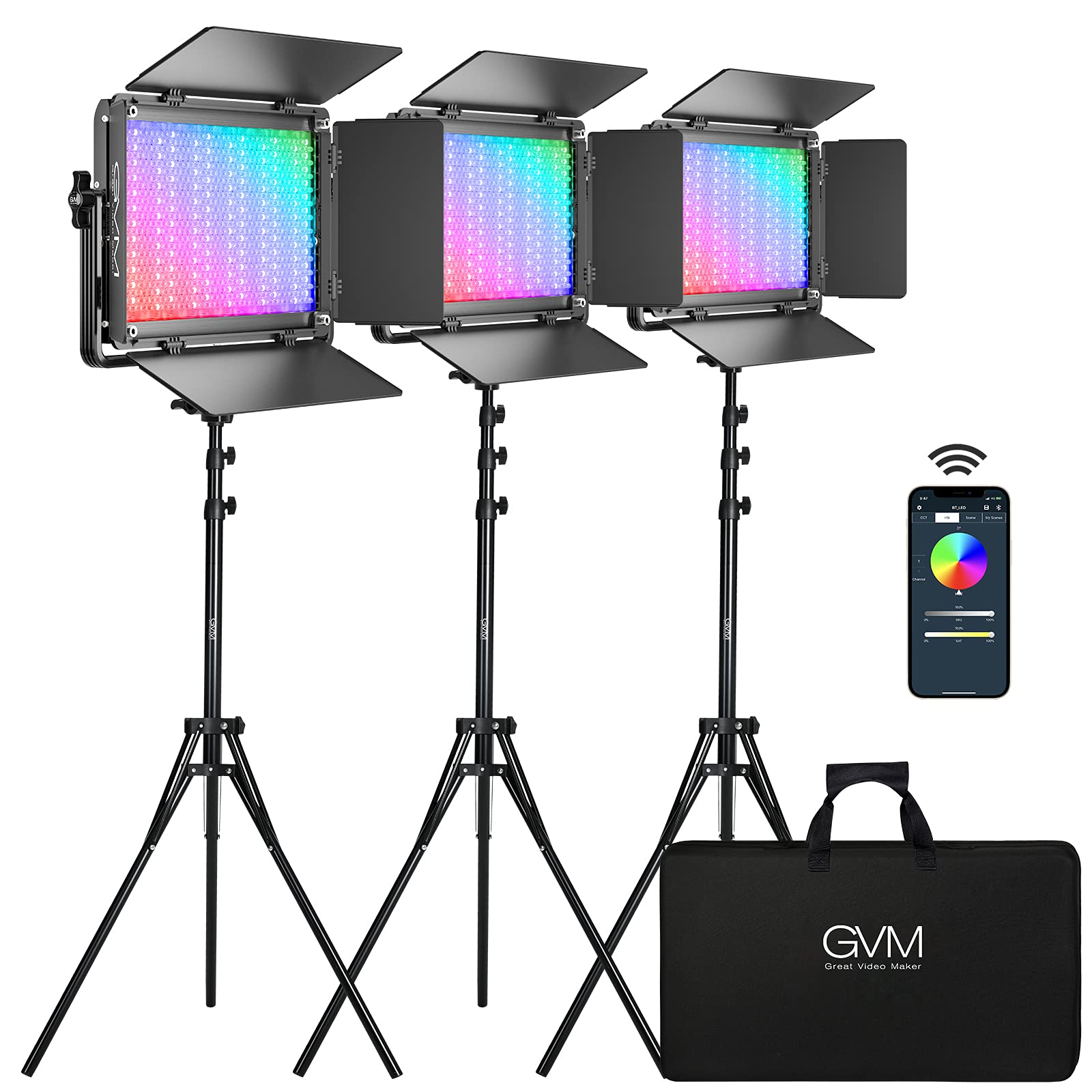 Gvm 65W Rgb Video Light With Bluetooth Control, 1300D Led Video Lighting Kit, 25000Lux/0.5M, 360 Full Color Photography Lighting