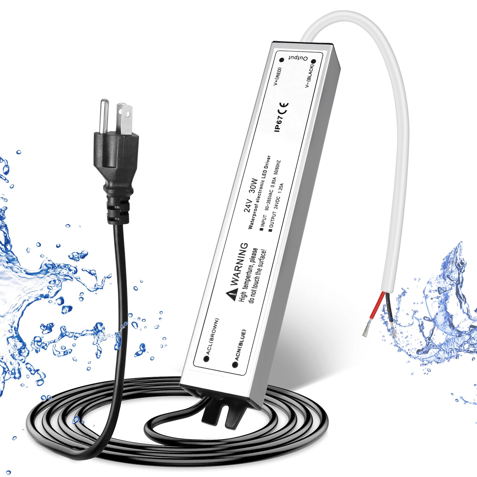 24V 30W Led Power Supply, Waterproof Ip67 Led Driver, Ac 110V To Dc 24 Volt Low Voltage Transformer With 3 Prong Plug 3.3 Feet C