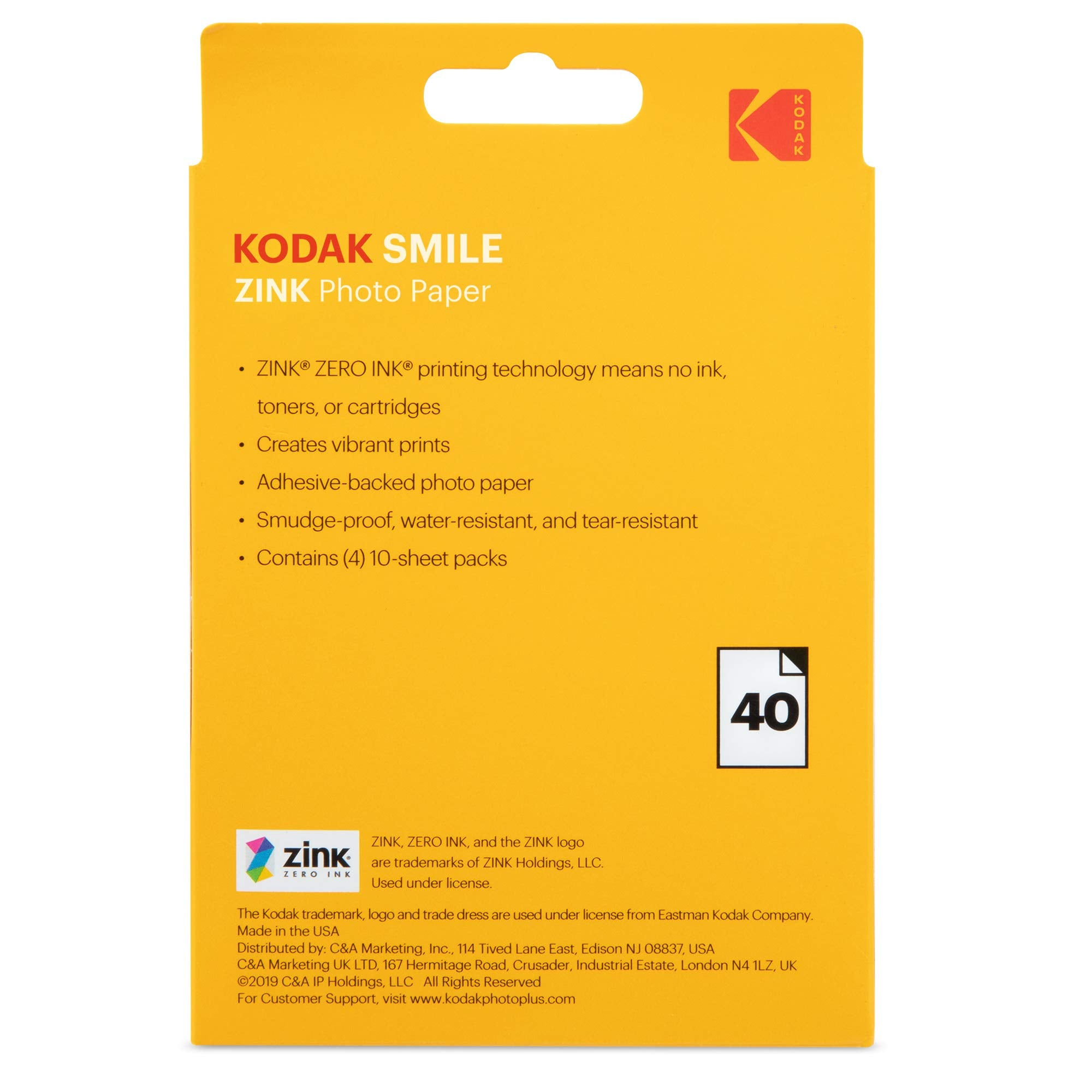 Kodak 3.5X4.25 Inch Premium Zink Print Photo Paper (40 Sheets) Compatible With Kodak Smile Classic Instant Camera