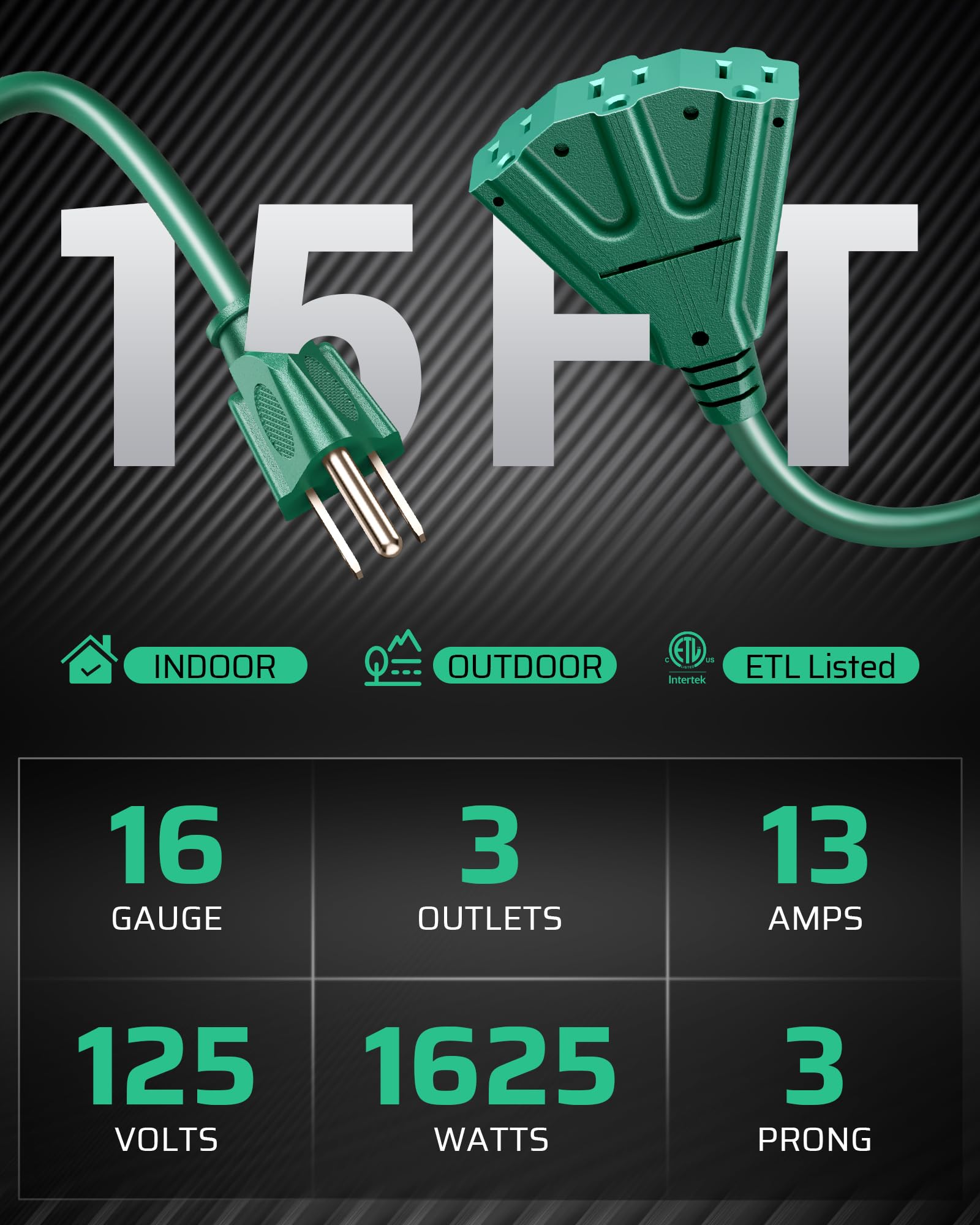 Dewenwils 15 Ft Halloween Outdoor Extension Cord, Weatherproof 16/3 Sjtw Power Cable For String Lights And Landscaping String Li