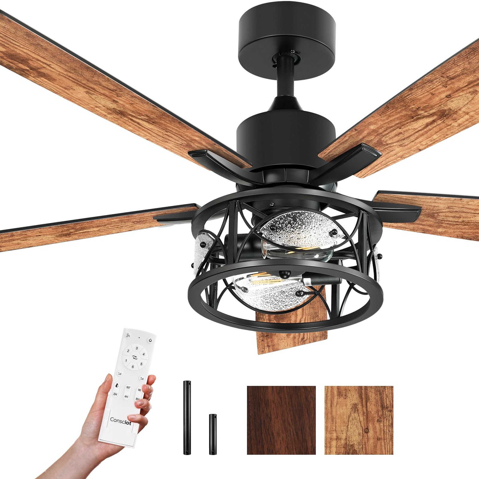 Consciot Ceiling Fan With Lights, 52'' Farmhouse Indoor Ceiling Fan With Remote, Quiet Reversible Dc Motor, 5 Double Finish Wood