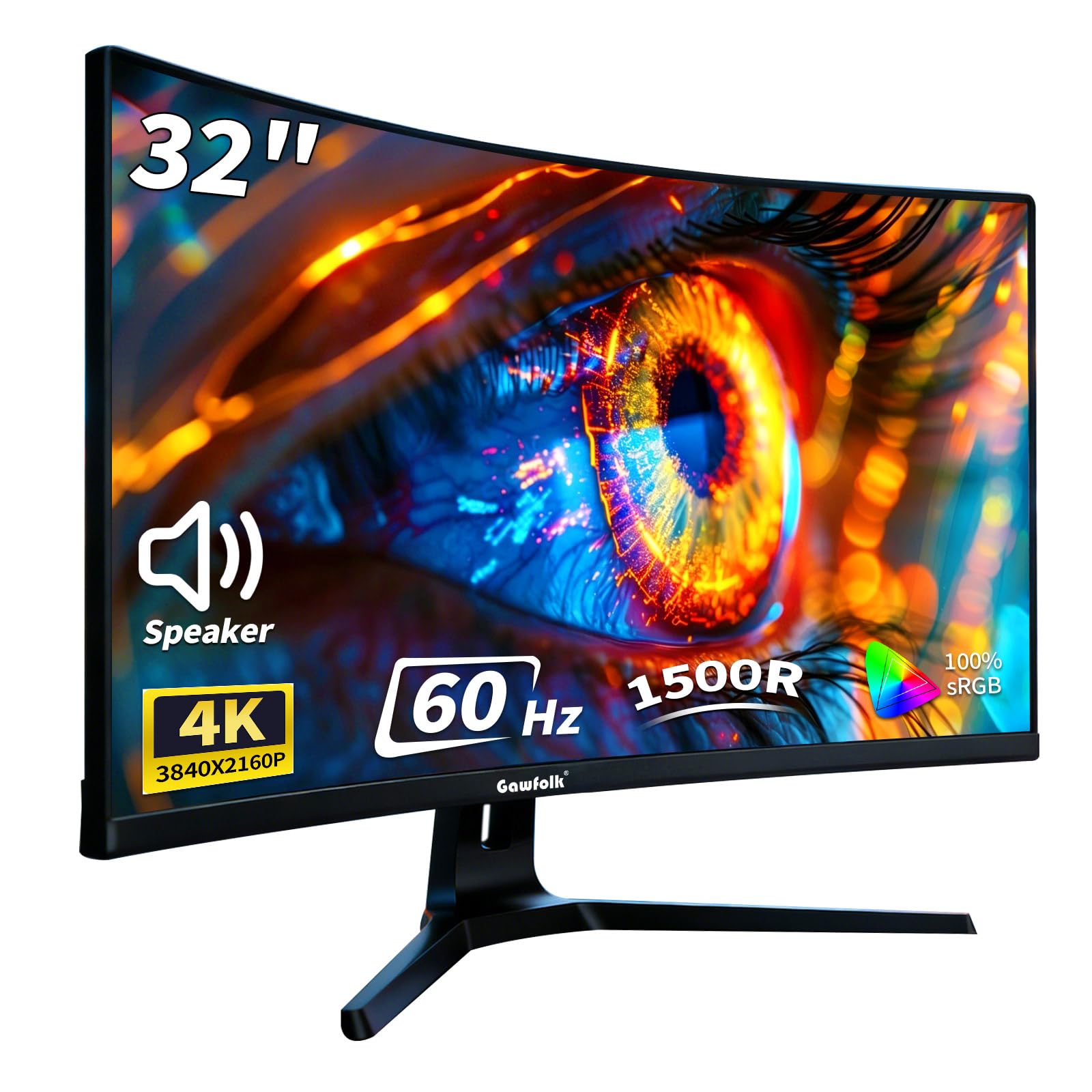 Gawfolk 32 Inch 4K Curved Monitor 60Hz, UHD 3840x2160 PC Monitor with Built-in Speakers, 1500R Computer Screen, FreeSync, Flicke