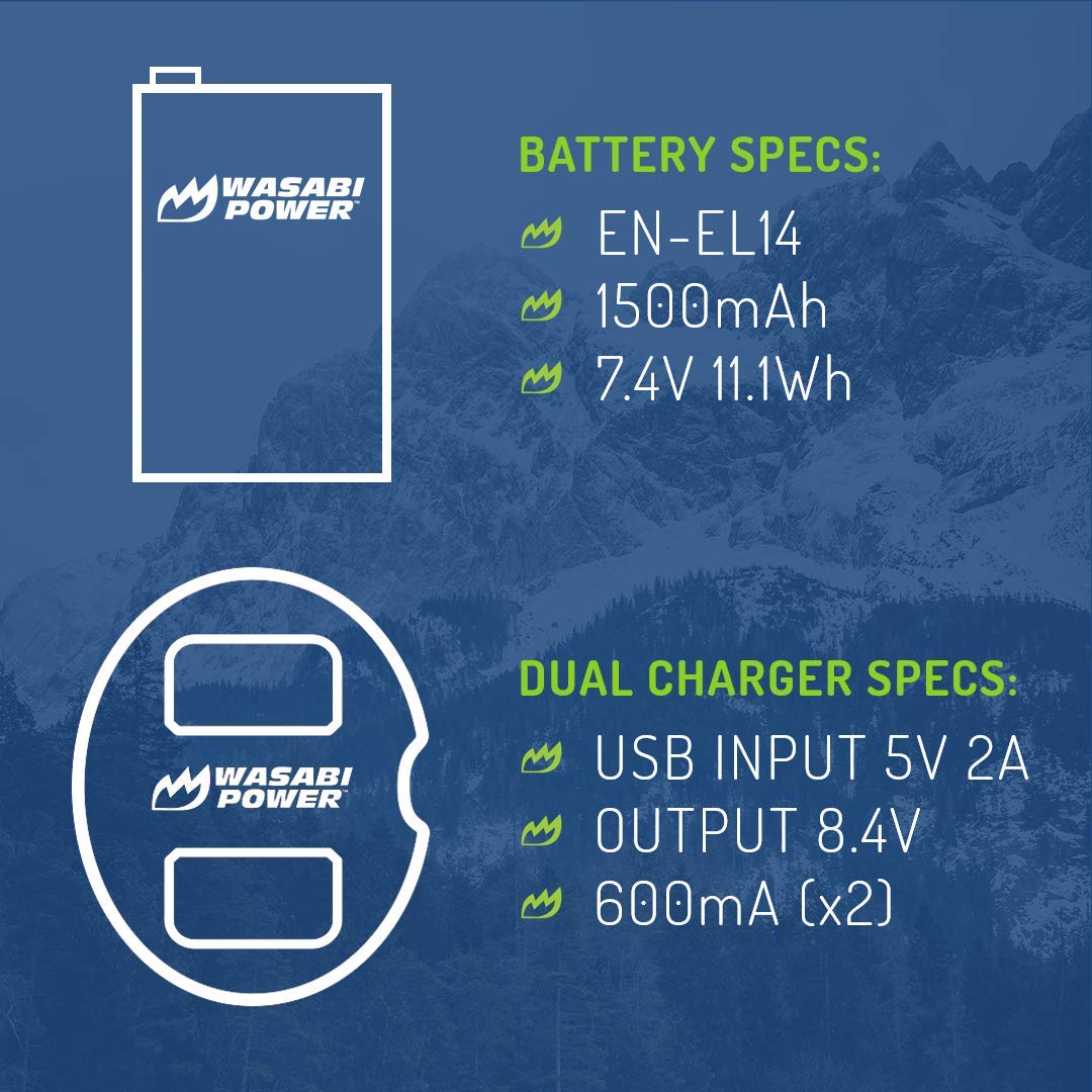 Wasabi Power Battery (2 Pack) & Dual Charger for Nikon EN EL14, EN EL14a & Nikon D3100, D3200, D3300, D3400, D3500, D5100, D5200, D5300, D5500, D5600, Df, Coolpix P7100, Coolpix P7700, Coolpix P7800
