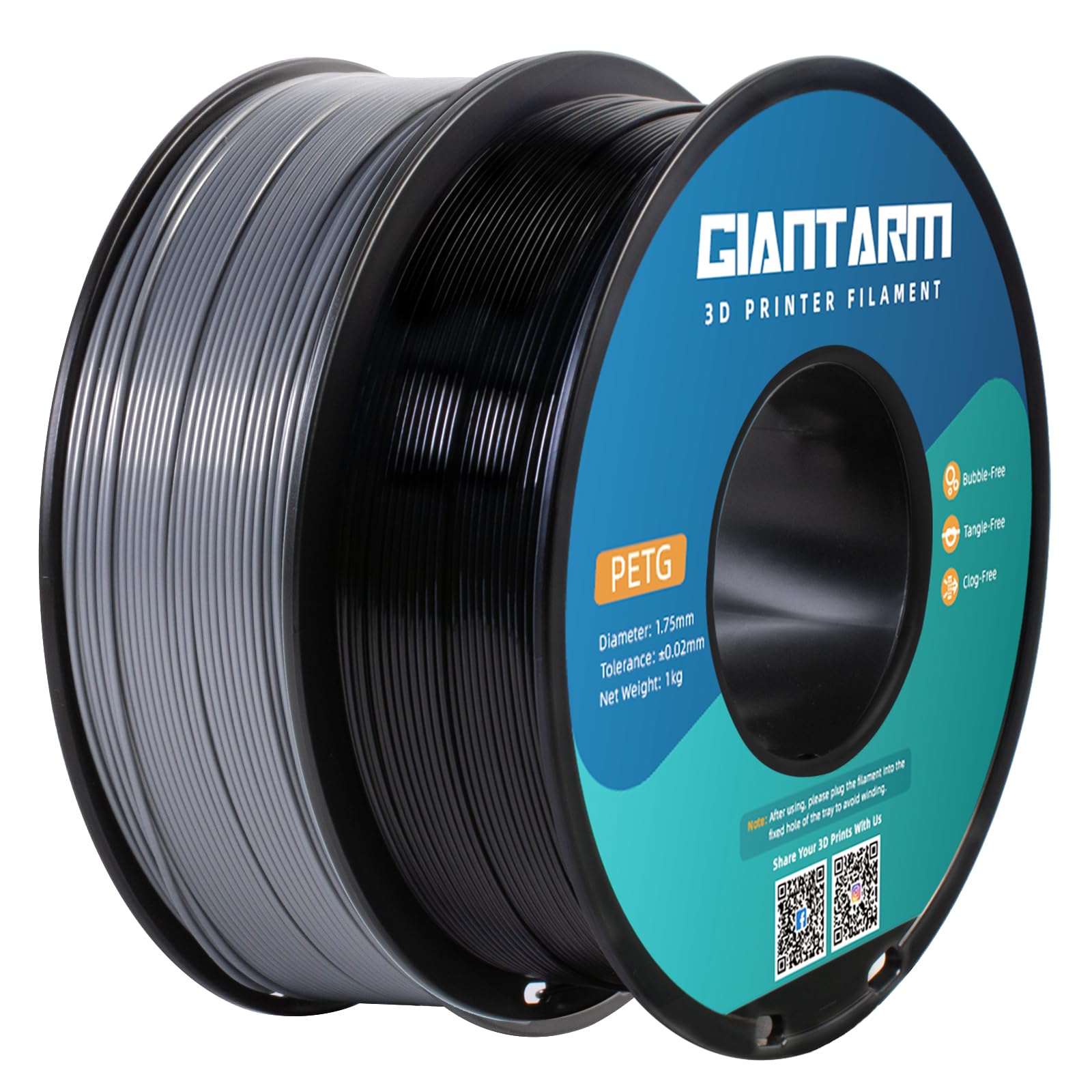 GIANTARM PETG Filament,Black & Grey 2kg 3D Printer Filament 1.75mm,Dimensional Accuracy +/- 0.02 mm,2pcs 1kg Spool (2.2lbs) PLA 