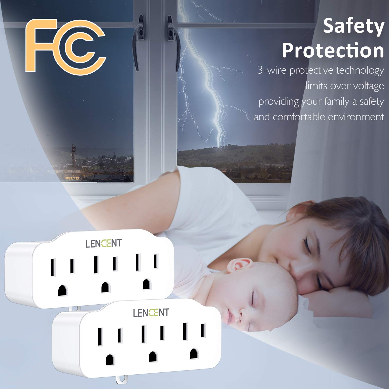 Lencent 3 Prong To 2 Prong Polarized Grounding Adapter, 2 Pack, Plug Extender, Outlet Converter, Wall Plug Splitter With 3 Ac Ou