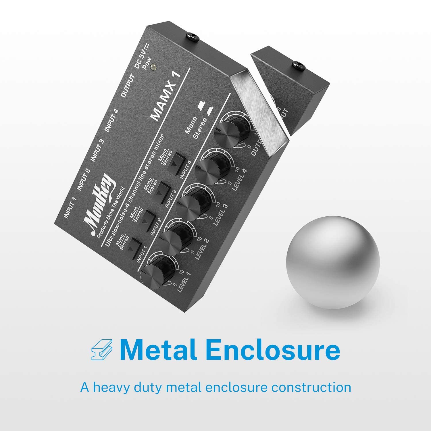 Moukey Mini Audio Mixer Line Mixer, Dc 5V, 4 Stereo Ultra, Low Noise 4 Channel For Sub Mixing, For Small Clubs Or Bars, As Guita