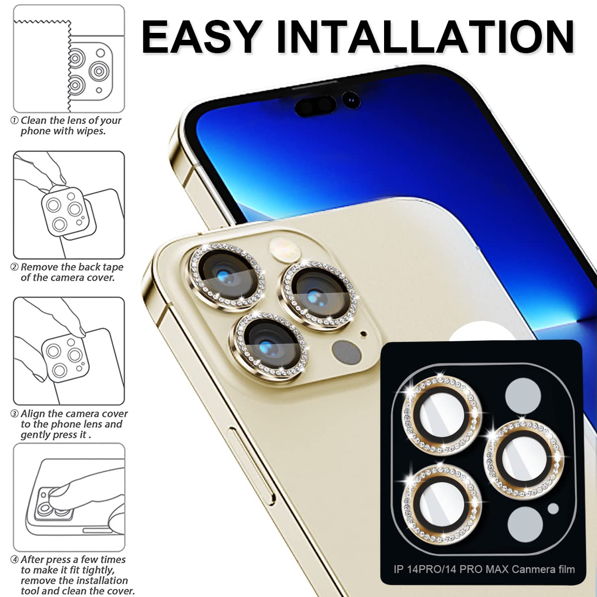 Tiuyao Diamond Camera Lens Protector For Iphone 14 Pro 6.1'& Iphone 14 Pro Max 6.7', Tempered Glass Camera Lens Protector Bling Ring Lens Cover For Iphone 14 Pro/Iphone 14 Pro Max (Diamond Gold)