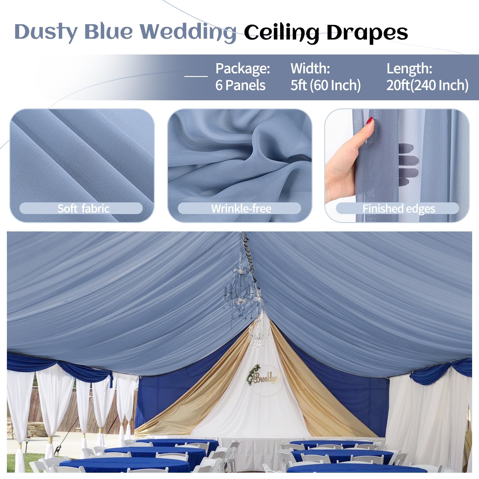6 Panels Dusty Blue Ceiling Drapes For Wedding Ceiling Drapes 5Ftx20Ft Wedding Arch Draping Fabric Sheer Curtains Voile Chiffon