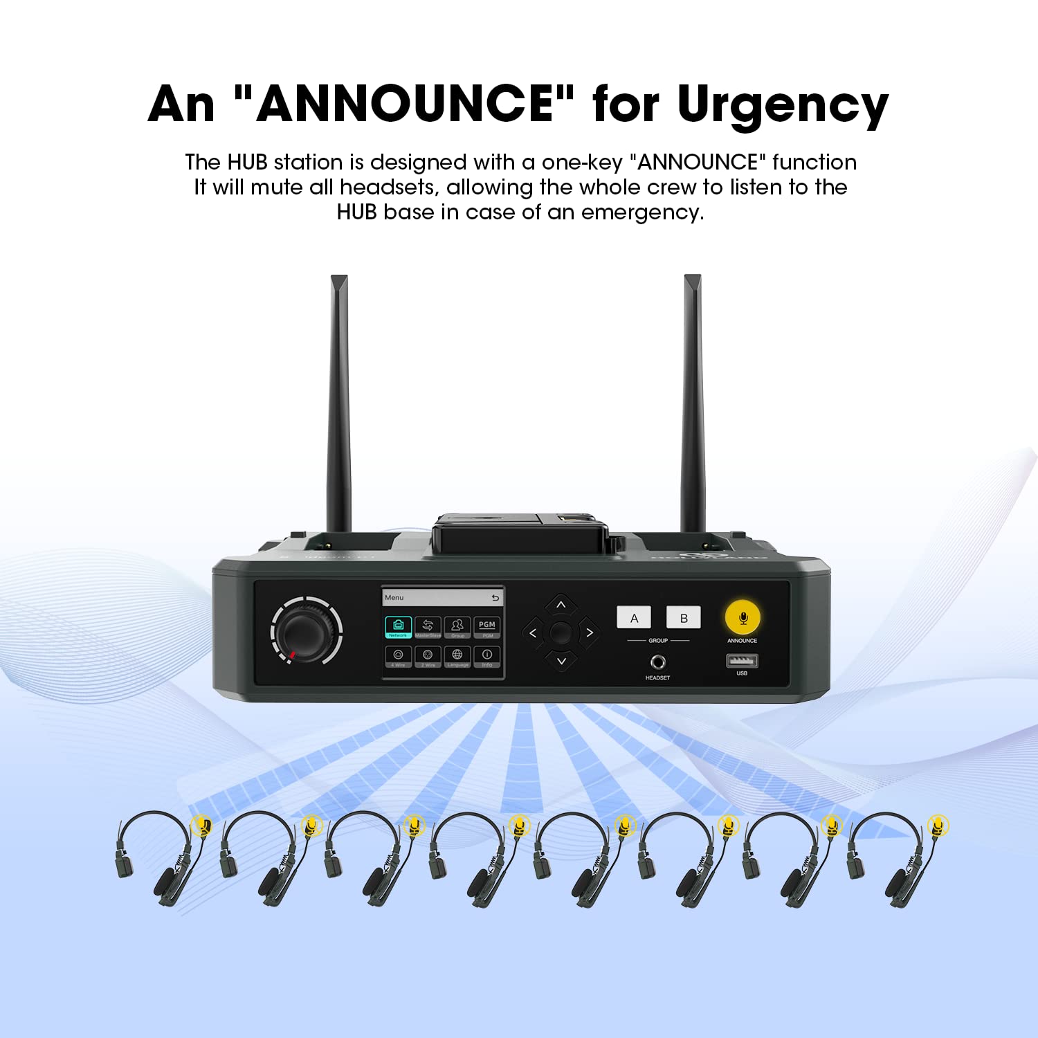 Hollyland Solidcom C1 9 Person Wireless Headset Intercom System With Base Station & 9 Headsets, 1.9Ghz Full Duplex Team Communic