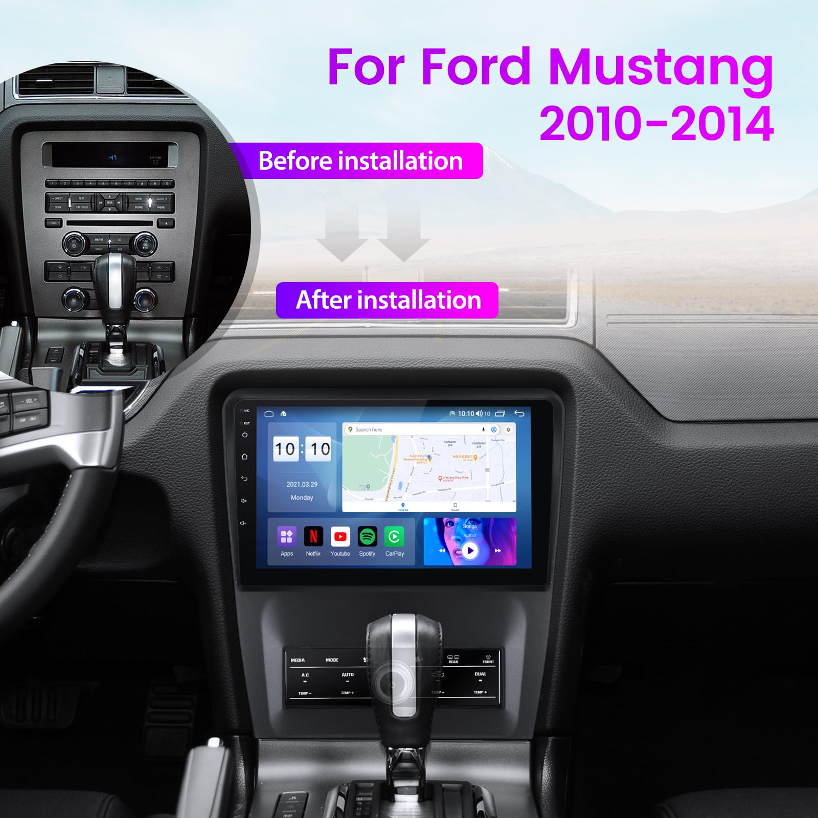 Android 13 Car Stereo For Ford Mustang Touch Screen Radio Upgrade 2010 2011 2012 2013 2014,10 Inch Ips 8 Core 2G+32G, Built In W