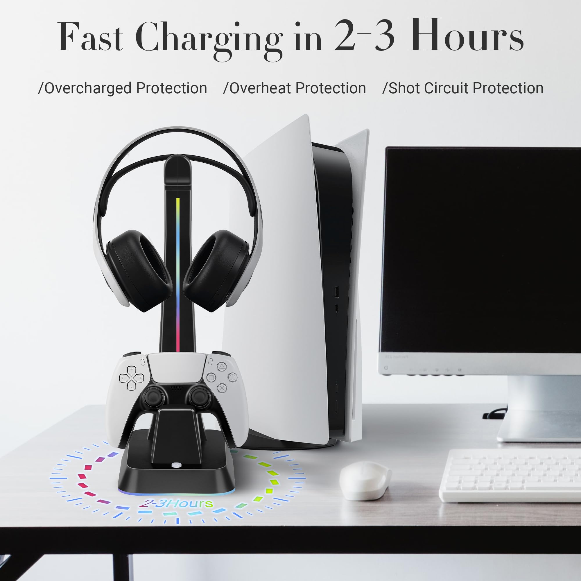 Jdgpokoo Ps5 Controller Charger Station With Rgb Headphone Stand, Ps5 Controller Charging Station With 2 Usb Port, Headset And C