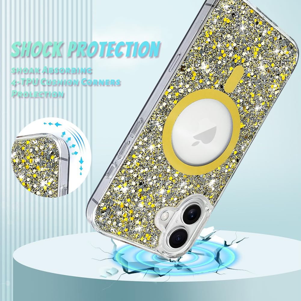 Bonoma For Iphone 16 Plus Case, Gold Glitter Bling Back, Magnetic Support For Magsafe Shockproof Case, Crystal And Clear High Du