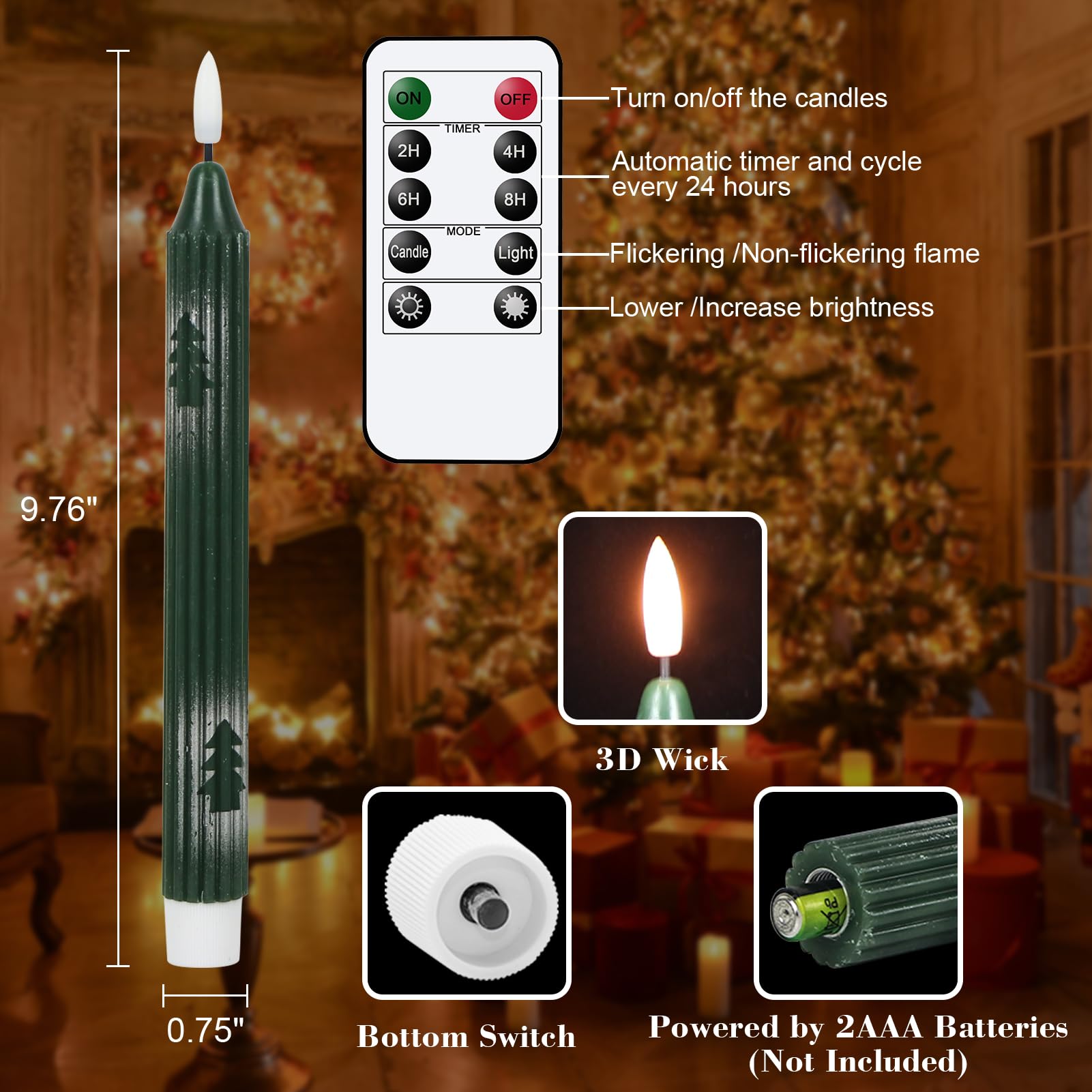 Wondise Christmas Flameless Taper Candles With Remote And Timer, Battery Operated 3D Wick Real Wax Led Candles With Painted Chri