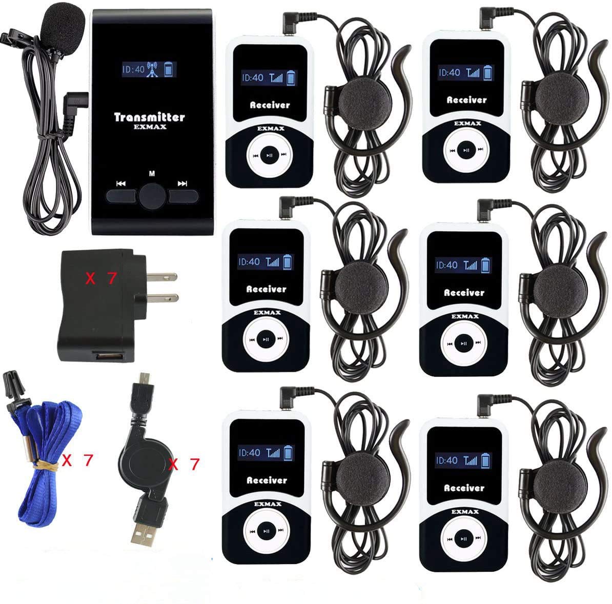 Exmax Atg 100T 195Mhz Wireless Tour Guide System Voice Audio Transmission +32 Slot Charge Case For School (1 Transmitter 6 Recei