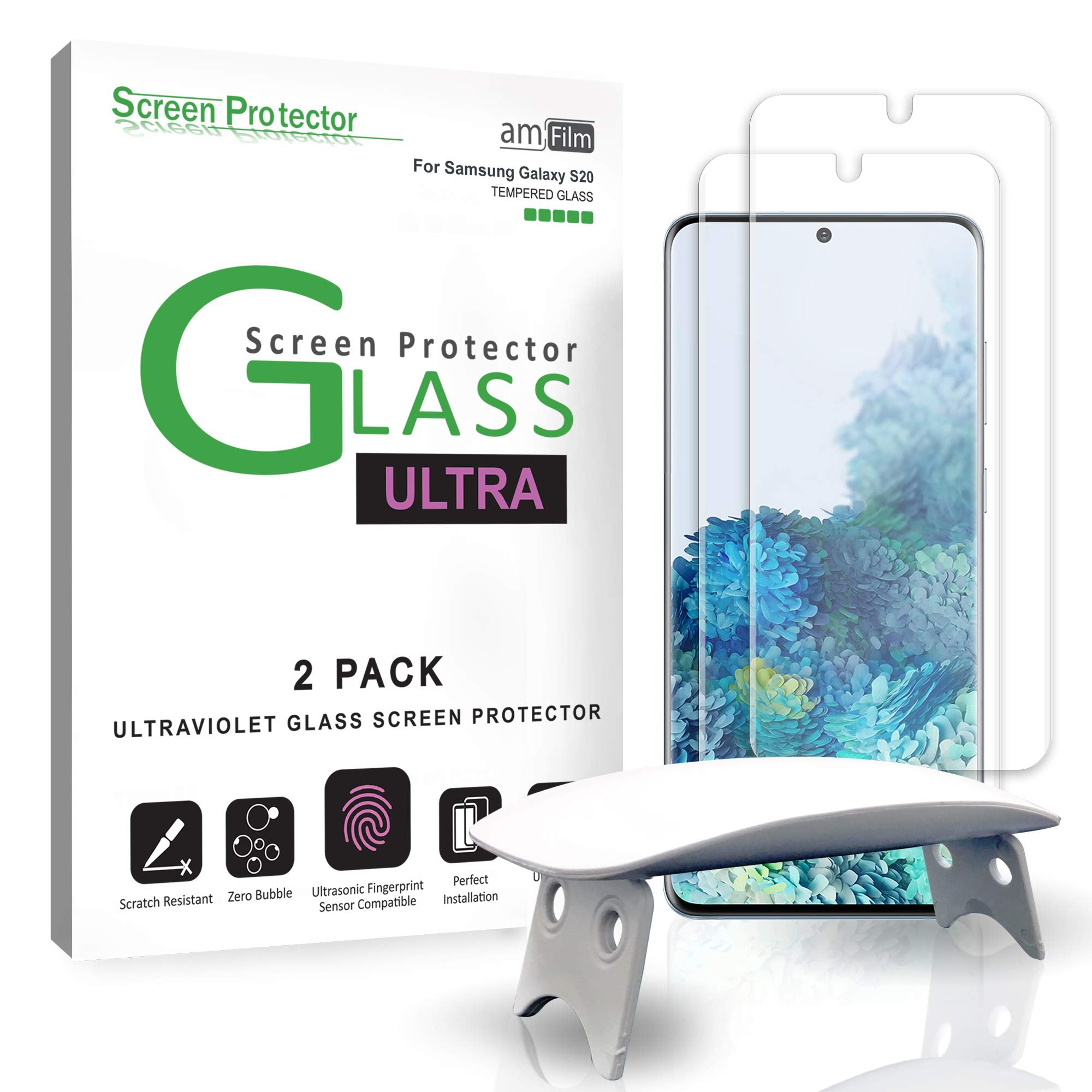 Amfilm Ultra Glass Screen Protector For Galaxy S20, (2 Pack) Uv Gel Application, Tempered Glass, Compatible With Ultrasonic Fing