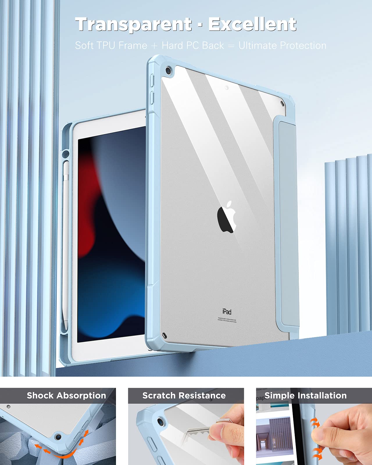 Timovo Case For Ipad 9Th Generation 2021, 10.2 Inch Ipad Case With Pencil Holder, Smart Stand Protective Clear Case Cover For Ip