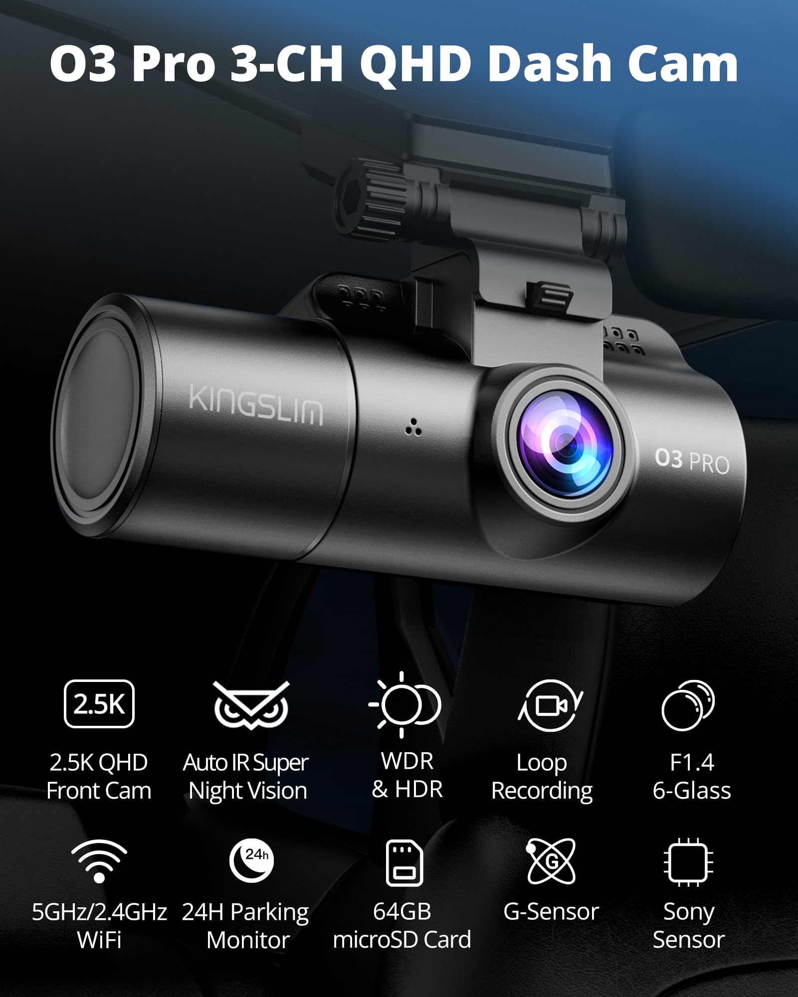 Dash Cam Front And Rear Inside, 3-Channel 2.5K Fhd Dash Camera For Cars With 2'' Screen, Wireless Dashcam With 5Ghz Wifi, 64Gb C