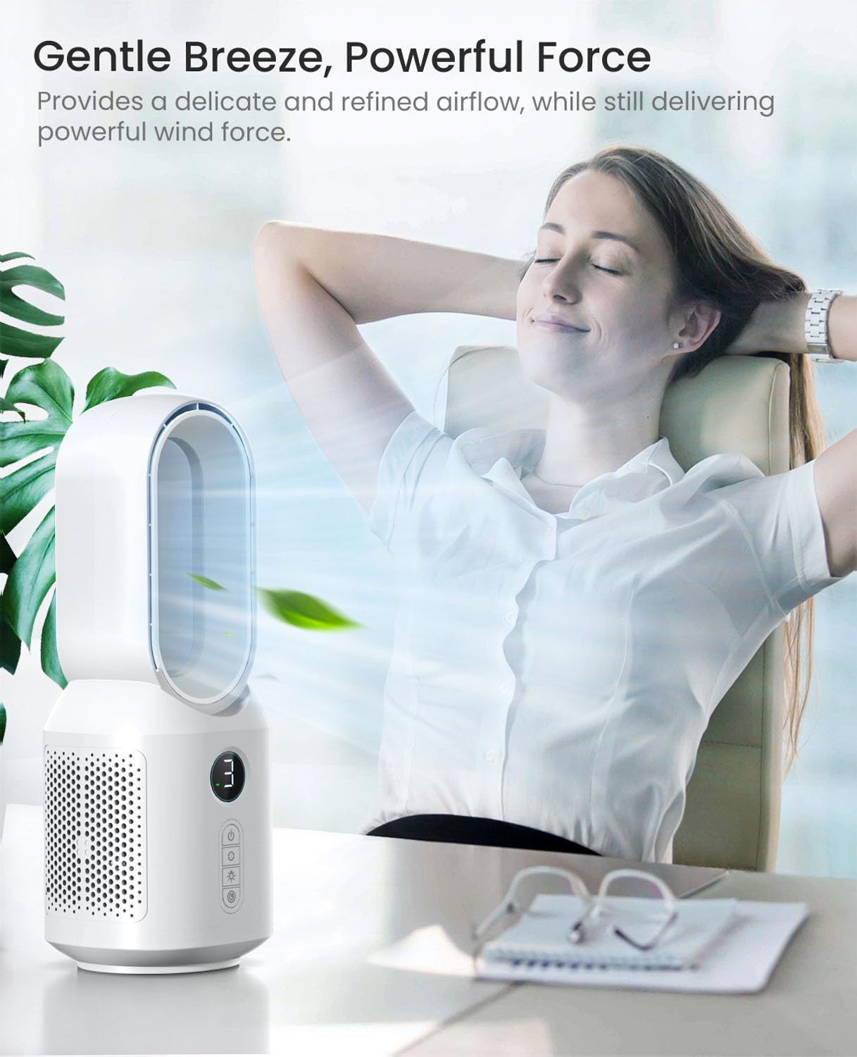 Let'Me Desk Fan, 106 Oscillating Fan For Indoors,Bladeless Fan With 3 Speeds, Small Office Fan With Led Light, 13 Inch Personal