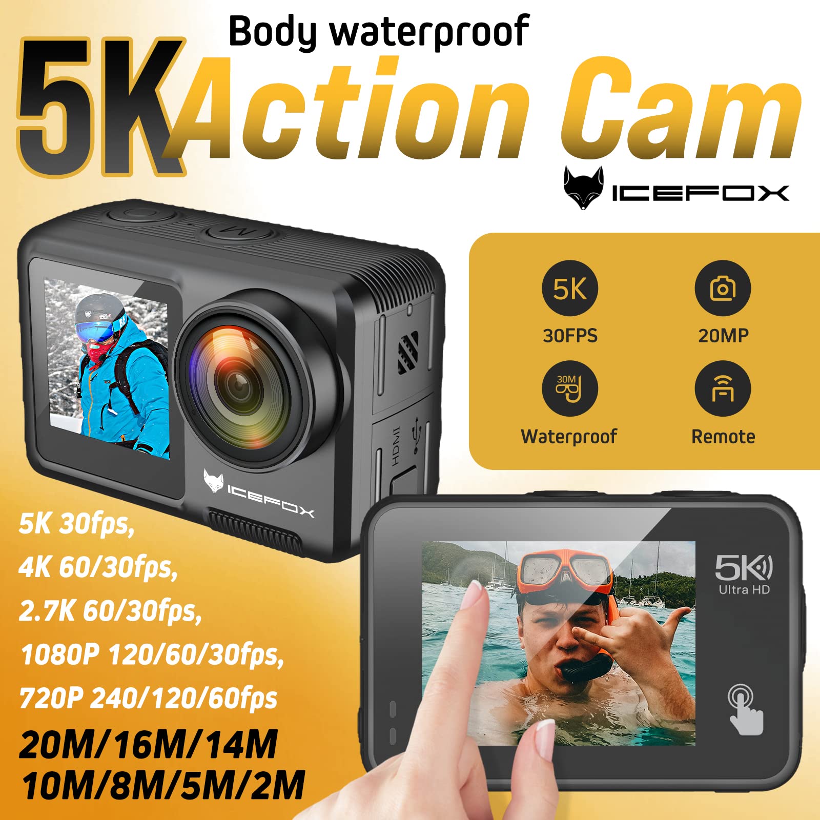 Icefox Action Camera 5K 30Fps 20Mp With Touch Screen, 98Ft Waterproof Underwater Camera, Eis 4X Zoom Adjustable View Angle Remot