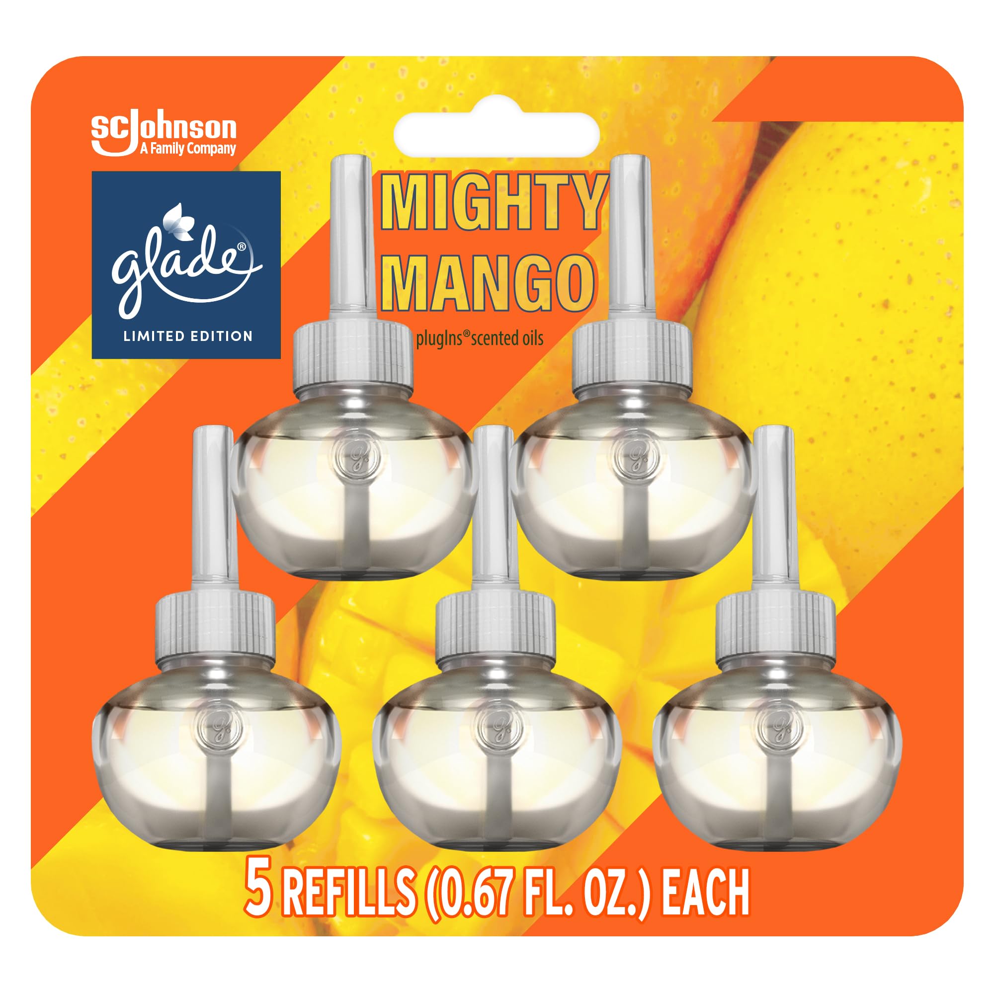 Glade Plugins Refills Air Freshener, Mighty Mango, Scented And Essential Oils For Home And Bathroom, 0.67 Fl Oz, 5 Count