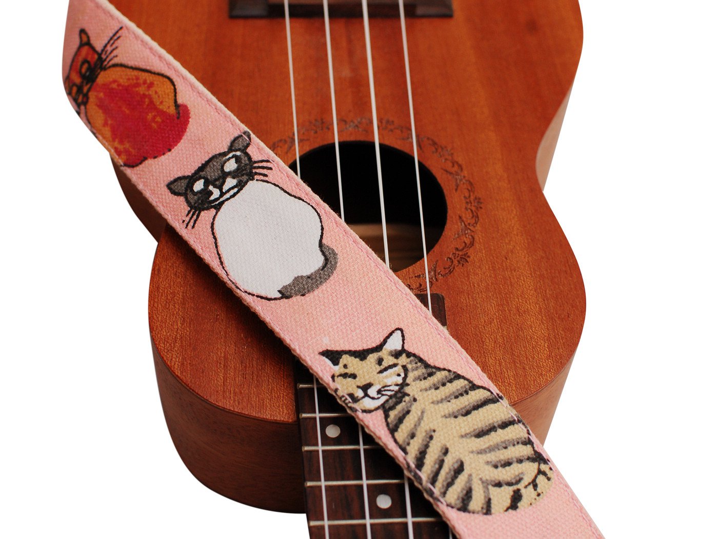 Music First Original Design ''Miss Cat'' Soft Canvas & Genuine Leather Ukulele Strap Ukulele Shoulder Strap